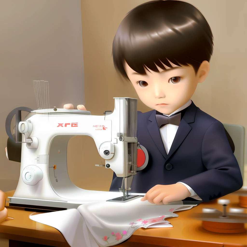 An Asian boy in a blazer sits in front of a sewing machine sewing,Black color hair。