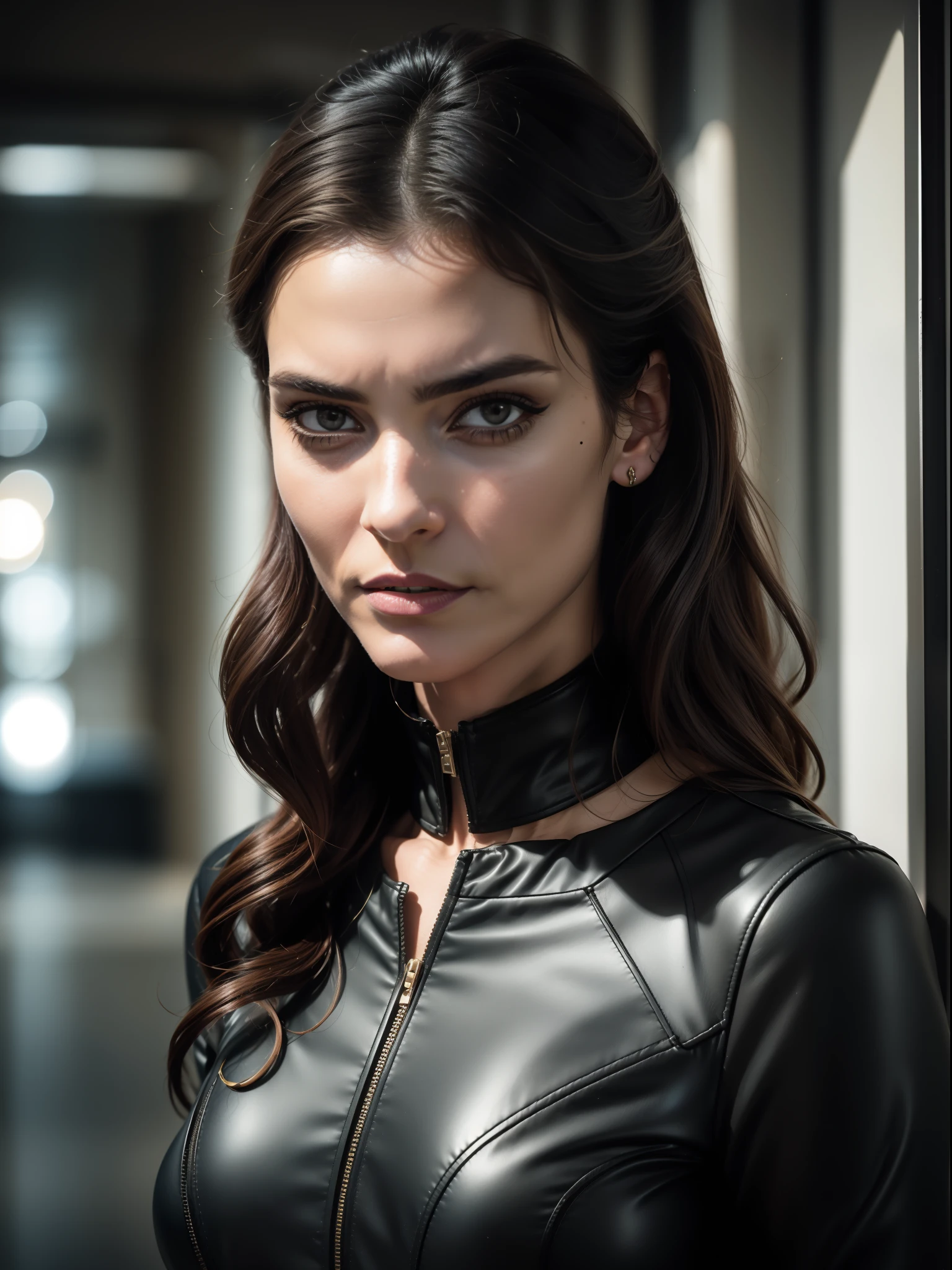 Mulher Gato, (((inspirada em "Selina Kyle" do filme "Mulher Gato"))), ((Autorretrato de rosto frontal)), 8k UHD, DSLR, grain of film, pintura fotorrealista, arte midjourney, ((como Selina Kyle)), sorrindo, olhar sedutor, Scenario of a construction corridor under construction, dark ilumination, with sharp focus.