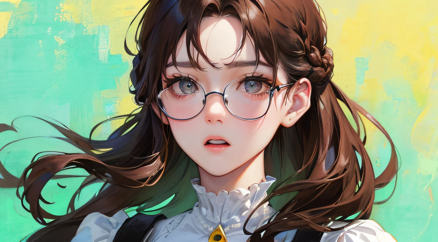 (((1人の女性)))、(Top resolution、Distinct_image) best qualtiy、(Embarrassed look)、((sideways Facing))、​masterpiece、ighly detailed、、eye glass、Semi-realistic、Brown hair、Braided hairstyle、deadpan、bangss、21 years old、Mature、年轻、White blouse、Yellow background、delicated facial features、Facial features、mid-shot、