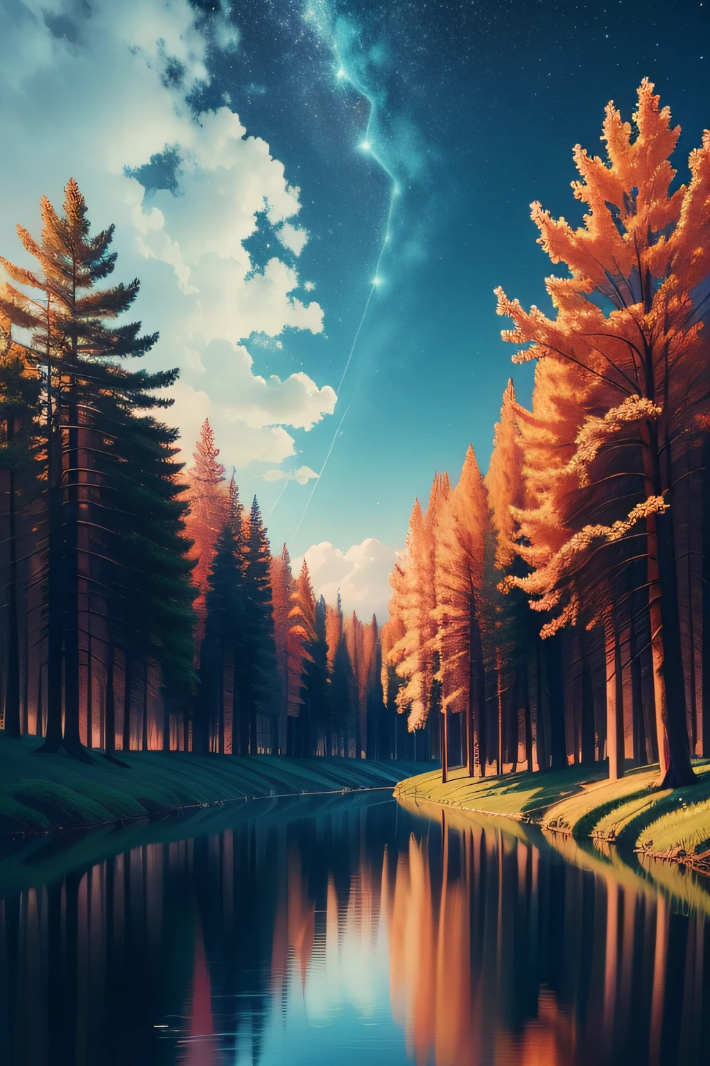 A world where blue trees, red river water, green sky. stars in the sky