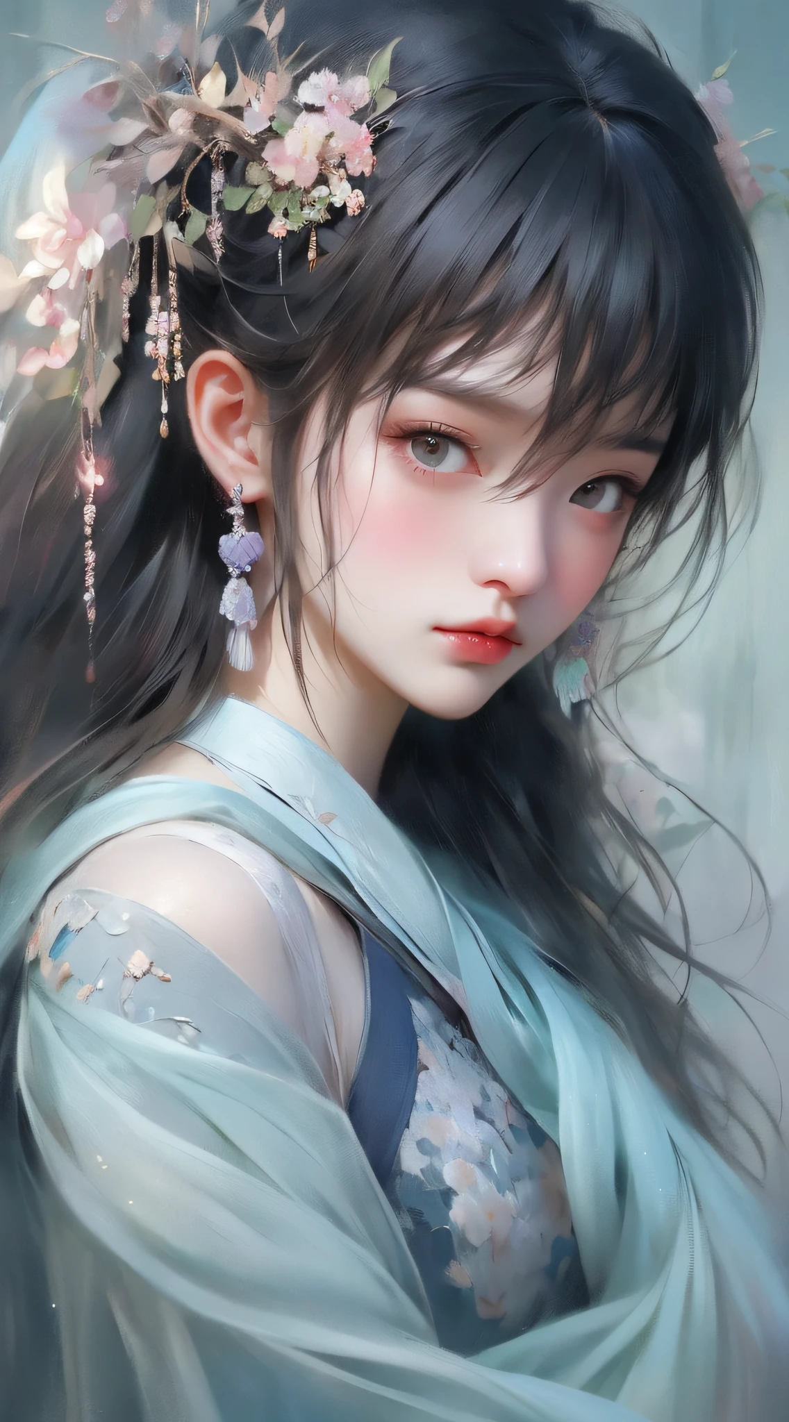 (Chinese landscape), (Zen, Emisore style), 1 girl, upper body portrait close-up, hazy beauty, extremely beautiful facial features, blue Hanfu, hairpins on the head, (spring, rainy days, terraces, mountains), simple vector art, contemporary Chinese art, color gradient, pastel color palette, layered form, whimsical picture