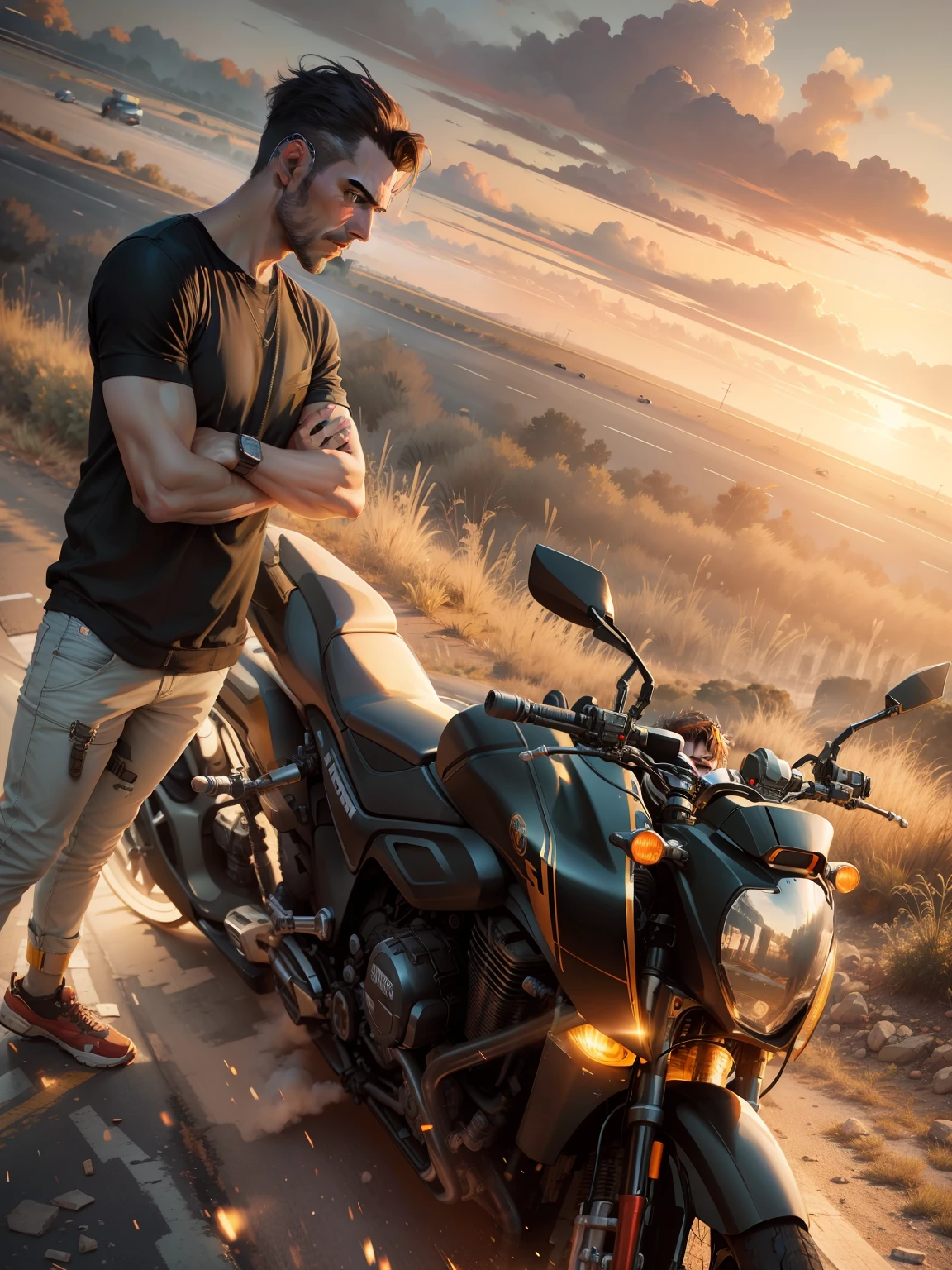 Change background cyberpunk realistic face on road handsome man on highway landscape