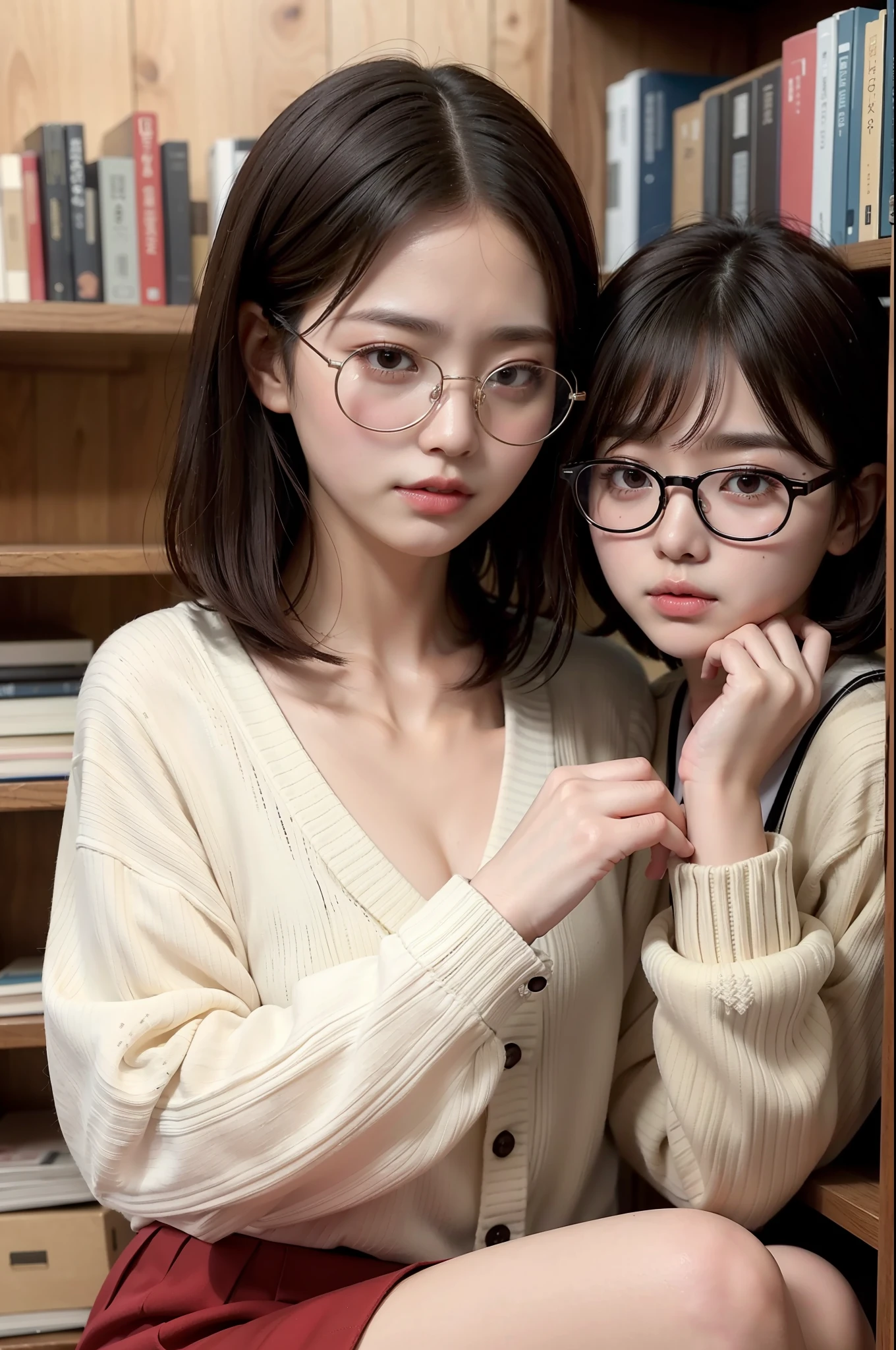 Photo Real、photoRealstic Dark hair、Short hair、bangss drooing eyes、with round face、The contours of the face are round、Plump cheeks、small mouth eye glasses、Round glasses、Big glasses、Black-rimmed glasses、校服、White shirt、Red tie、Beige cardigan、Red skirt hi-school girl、、japanes、Soft thighs Faces close、Face Close-up、Staring at this、Palm to chest、Grab your chest boldly、Leaning against the bookshelf、Blushing Background with、bookcase、Timber wall、wood floor、Dark place