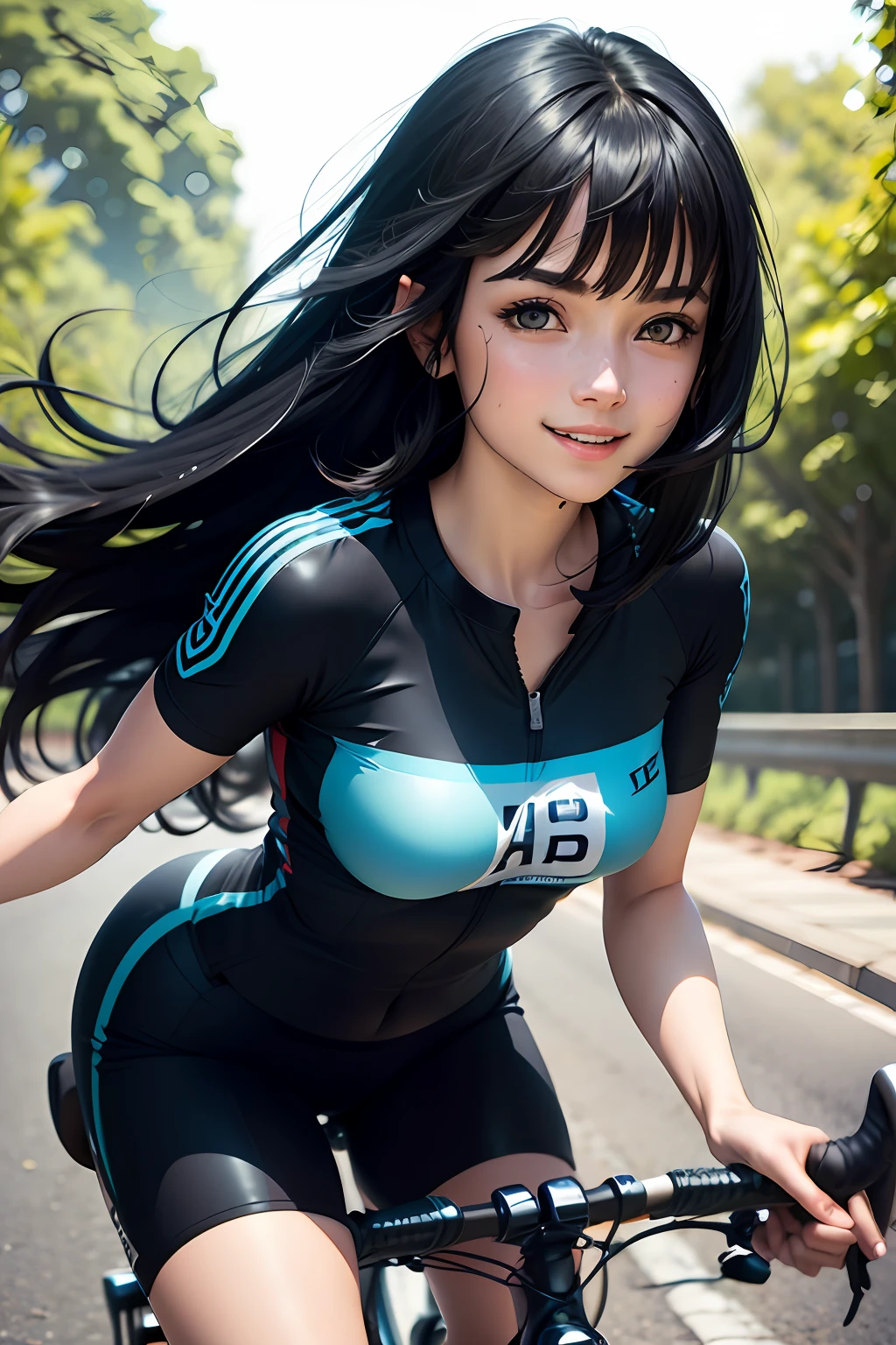 black hair, blunt bangs, aqua eyes, happy, Road bikes, Skirt, Long hair, depth of field, UHD, UHD --auto