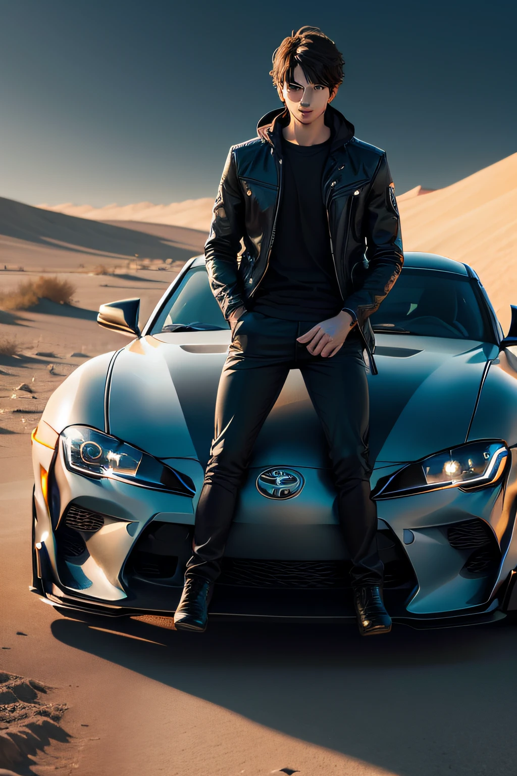 "A young man in his twenties drives a Toyota Supra on the surface of the moon."