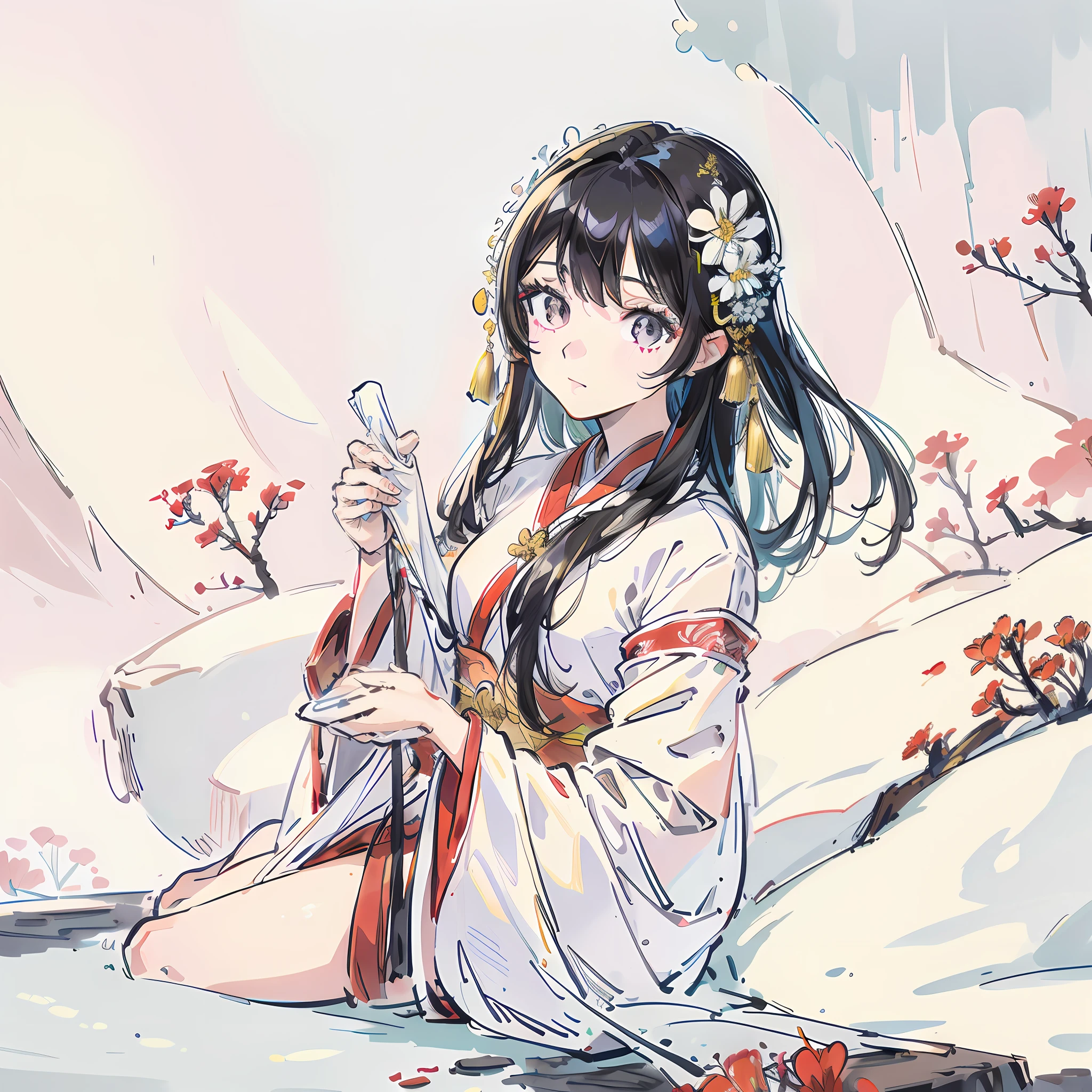 Portrait of a Chinese fairy maiden in flowing white robes,long black hair adorned with flowers