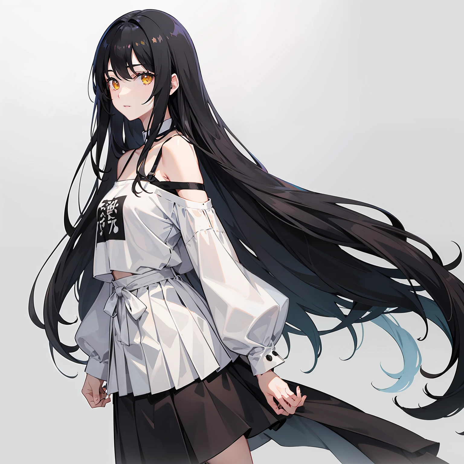 Long black hair that reaches the waist，Pale yellow eyes，The left side of his hair is stuck with a white hair card and he wears a white off-the-shoulder strap T-shirt，The girl in the black pleated skirt smiled and beckoned。