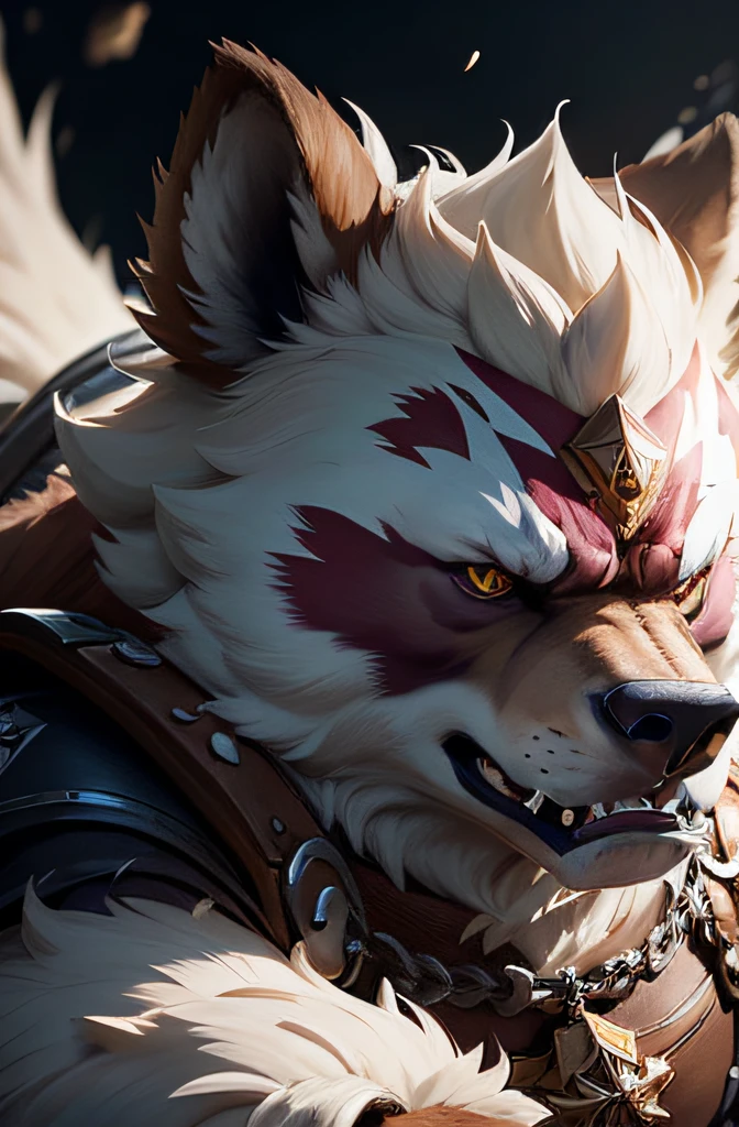 um close up de um urso segurando uma arma em um jogo, GRIC, Grizzly, grisalho, gills, Sujo, Estrelas da briga, Derivador hiper leve, estilo de duelyst, Greg ], Splash Art Brawlstars, Guerrilha heroica, grain, Grim - Lobo, RPG 8K, Personagem Genshin Impact, Gibli, pelo branco, pintura facial vermelha, expression of anger, urso raivoso