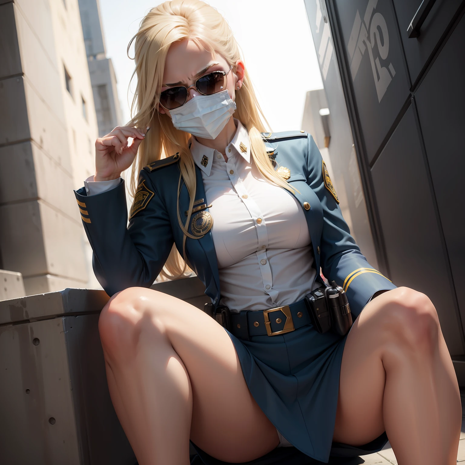 Cute angry blonde female with white cop uniform on her knees with mask and sunglasses