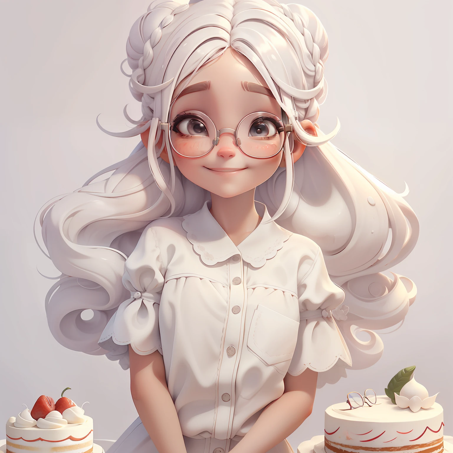 menina orando rezando, renda delicada, sorrindo e leve, tons claros, Cooking cake, Slime cabelo longo bun estilo de cabelo, branco acizentado, eyeglasses white skin, roupas leves e detalhadas, master part, best quality