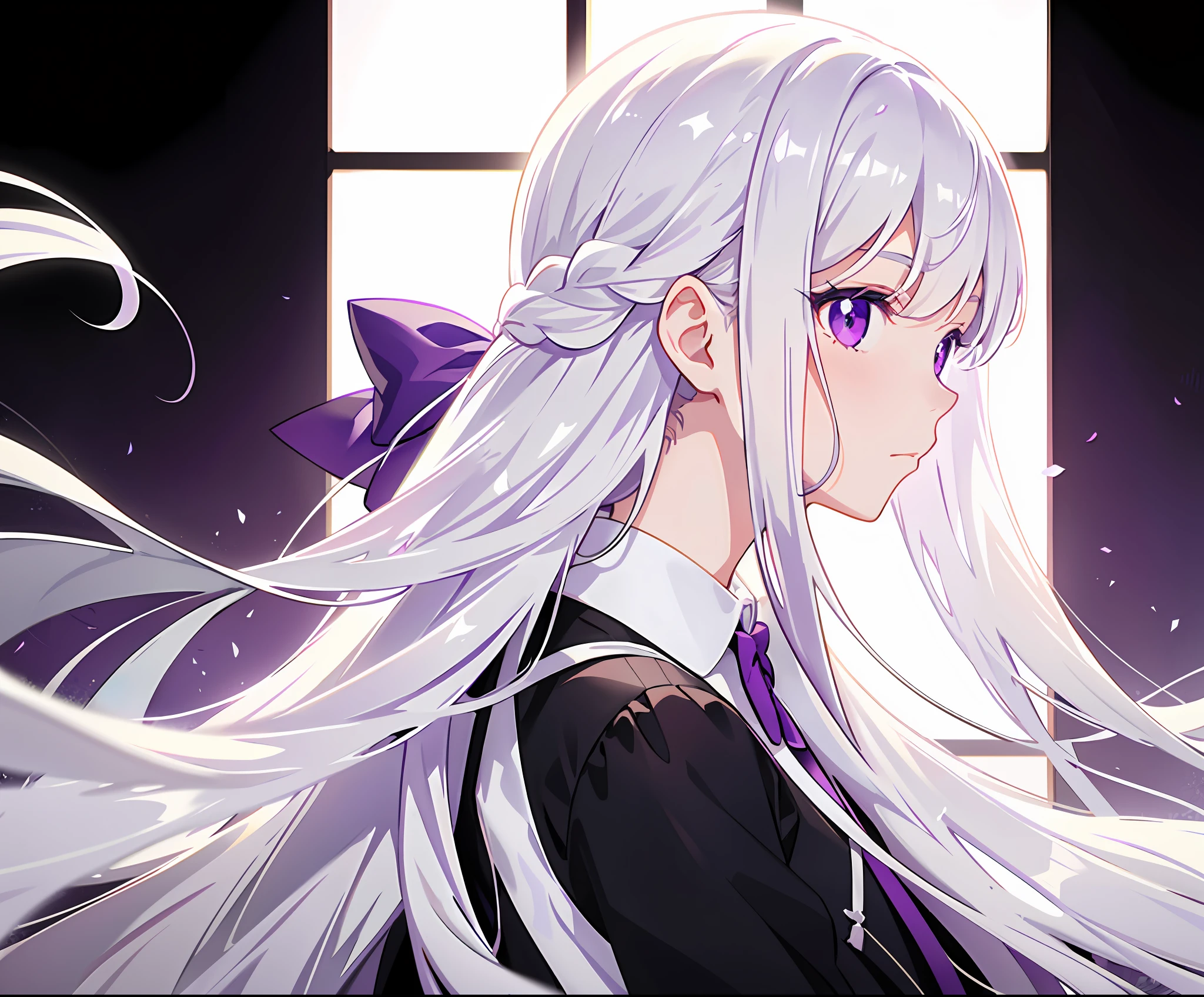 1girll, Long white hair, Purple eye, sportrait, Bow knot, The light from the back window is backlighted, (the sideview), side-lighting, the wallpaper, white shirt,Pure side face,Look to the left,{white backgrounid}
