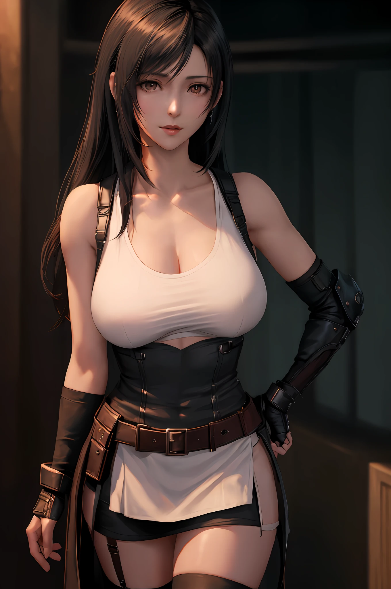 a close up of a woman in a white top and black stockings, tifa lockhart, seductive tifa lockhart portrait, tifa, tifa lockheart, glamorous tifa lockheart, tifa lockhart, tifa lockhart portrait, portrait of tifa lockhart, seductive anime girl, oppai cyberpunk, very sexy outfit, japanese goddess