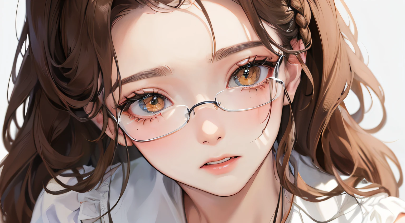 (((1人の女性)))、(Top resolution、Distinct_image) best qualtiy、(Embarrassed look)、(((Touching the forehead)))、masterpiece、ighly detailed、、eye glass、Semi-realistic、Brown hair、Braided hairstyle、deadpan、bangss、21 years old、Mature、年轻、White blouse、Peachy background、delicated facial features、Facial features、mid-shot、