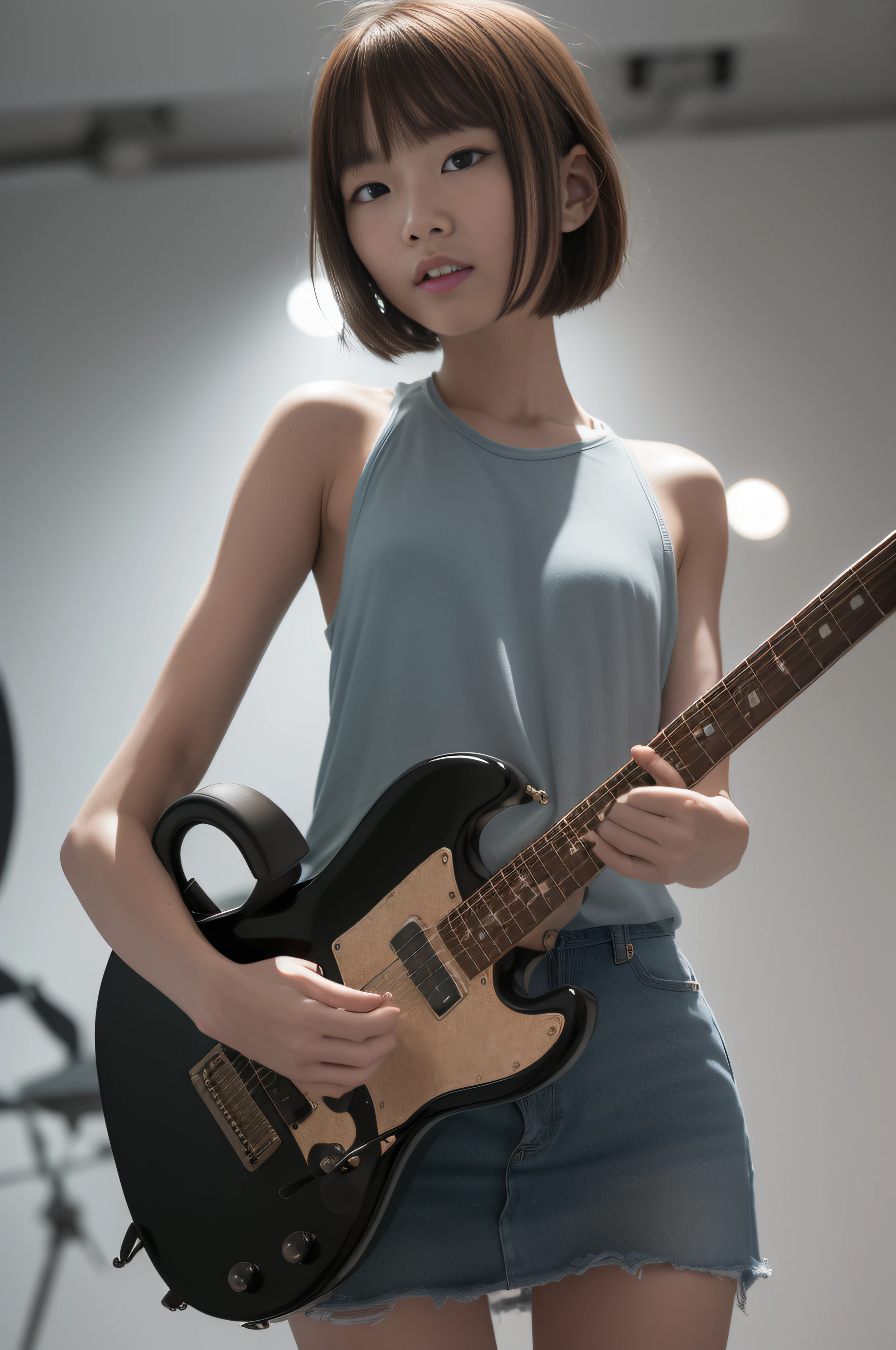 top-quality、masterpiece、超A high resolution、(Photorealsitic:1.4)、Raw photo、1girl in, bob cuts, Big beautiful eyes, electric guitars, solofocus, (depth of fields, Ambient lighting, Blurred foreground, blurry backround:1.3), Atmosphere, Light flare, intricate detailes, enhanced lighting、Two arms