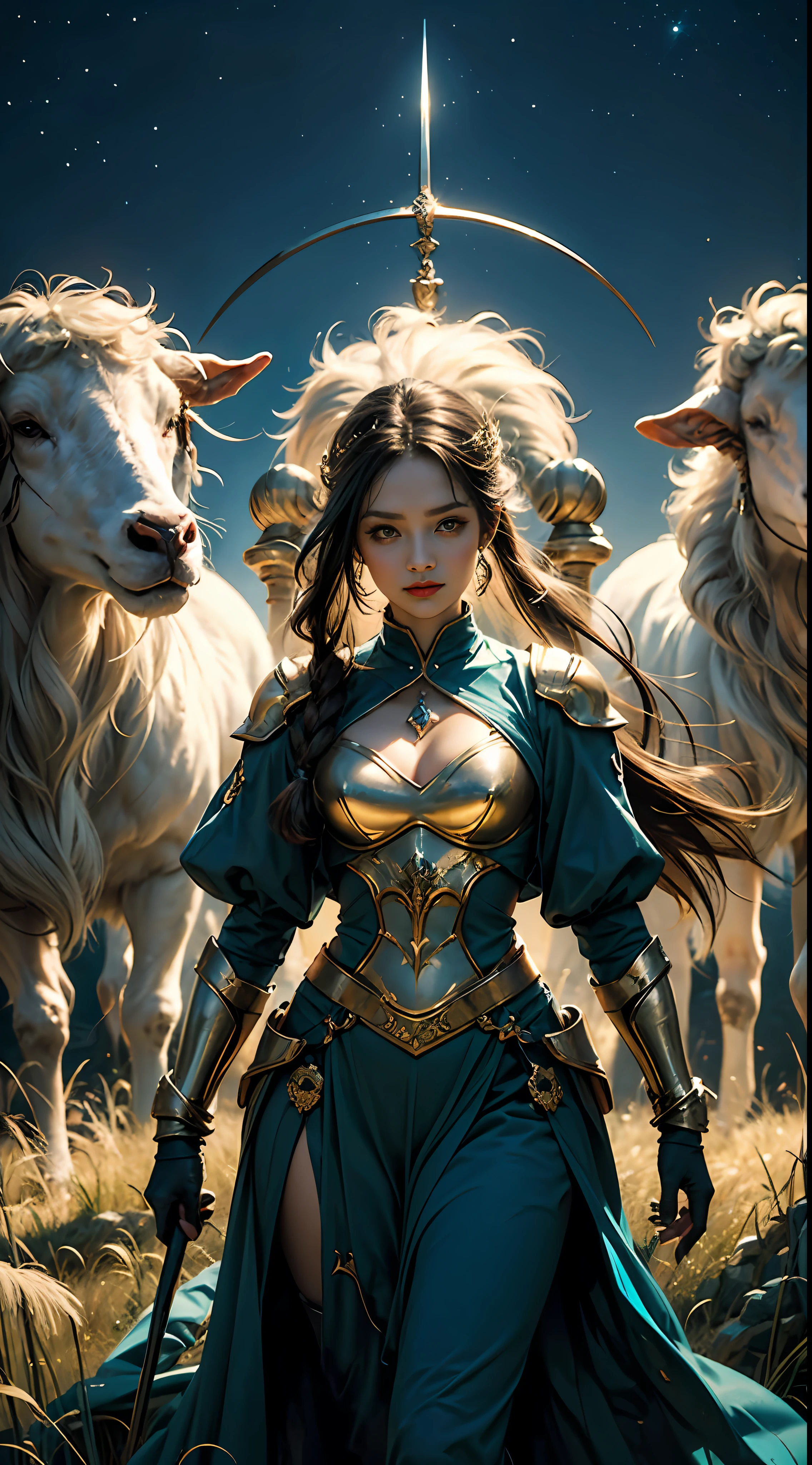 ((Gentle female Aries character:1.2))，Aries image，（（starrysky）），Fighting posture， (There is a sheep),tarot design，(Aries symbol:1.5),((((grassland background:1.2)))),The stars twinkle,（（A sense of mystery））,Cosmic elements,Majestic and deep atmosphere,Simple decorative details,mesmerizing eyes,,starlight embellishment,dream colors)，Charming blonde curls，long braid，（Dark green tones complement white tones），Correct gestures，（1 Goddess of war），metall armour，Holding a precious sword，（（Hyper-detailing）））， （whirly，ventania：1.2），The farthest end， （Abyss），Extraordinary lighting，art painting，offcial art，统一 8k 壁纸，ultra - detailed，romanticism lain，（（tmasterpiece）），The background is blurred out，The color palette of the artwork should be based on fairy tale fantasy、Mythological fantasy and high fantasy with saturated colors。The image should have a dreamy ethereal atmosphere，Atmospheric and volumetric lighting and dynamic lighting are utilized to emphasize the awesome aura of the image，fanciful，（（Fighting posture））