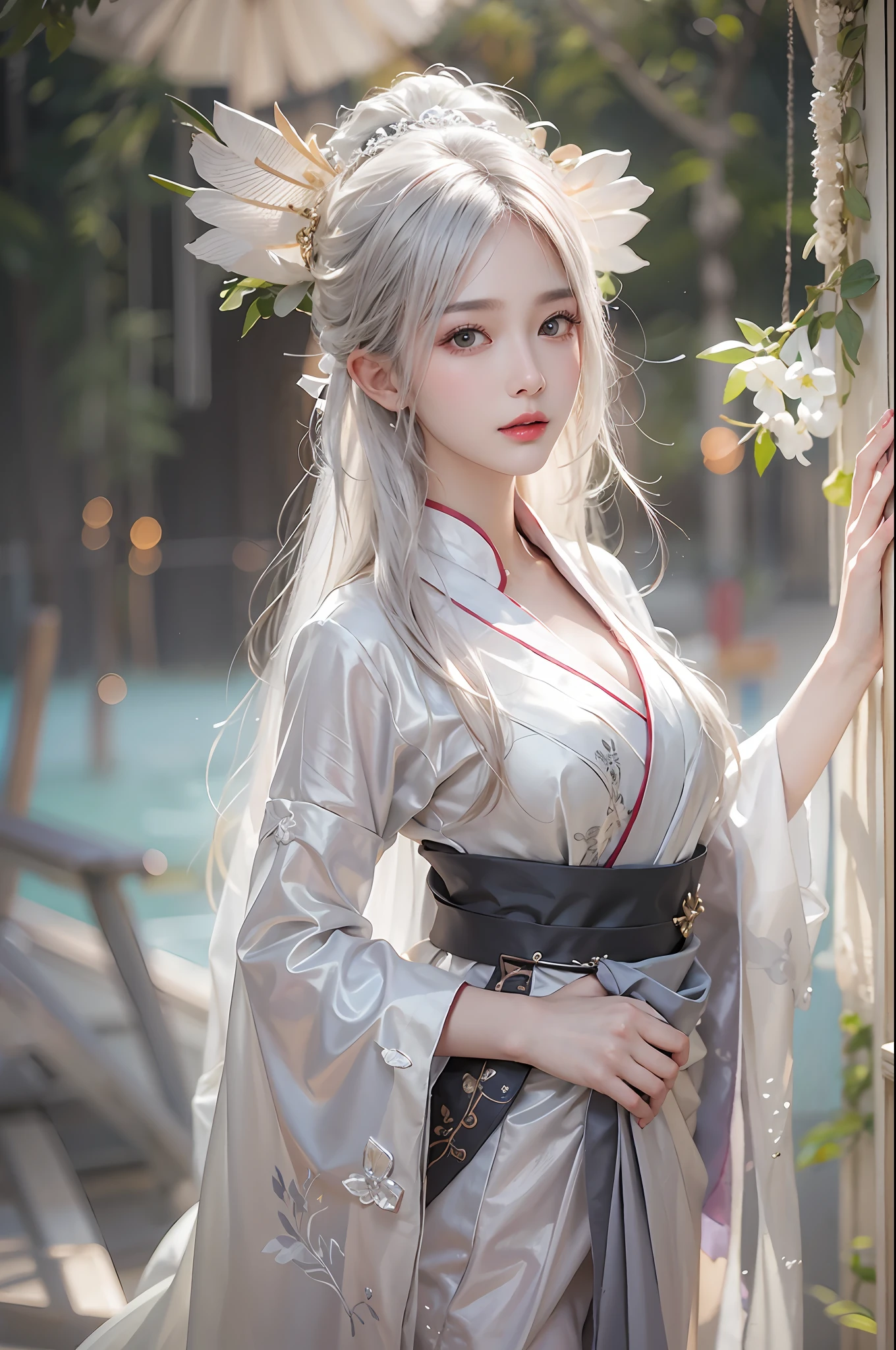 photorealistic, high resolution, soft lights, 1women, shiny skin, finely detailed skin, solo, hips up, look at viewer, (detailed face), white hair, long hair, wedding hanfu