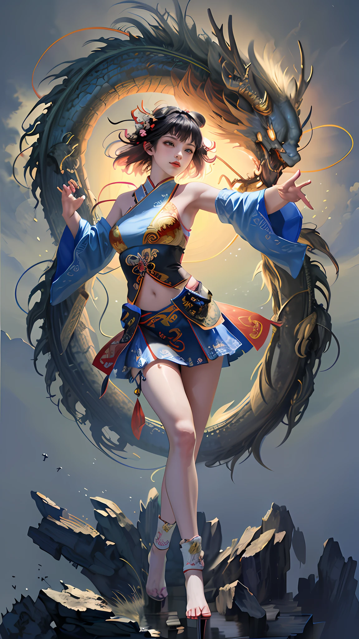 Official Art, Unified 8K Wallpapers, Ultra Detailed, Beautiful and Aesthetic, Masterpiece, Best Quality, (Zentangle, Tangle, Entangle), (fractal art: 1.4), 1girl, black hair, Chinese, bare shoulders, short skirt, calf, navel, very detailed, dynamic angle, cowboyshot, (most beautiful form chaos), flowing, (bright colors), oc, (half: 1.2), china, (thangka flying sky: 1.5), (ribbon: 1.3), (dream: 1.5), (hanfu: 1.5), Chinese dragon, Chinese phoenix, (smile: 0.5), (Chinese deity),