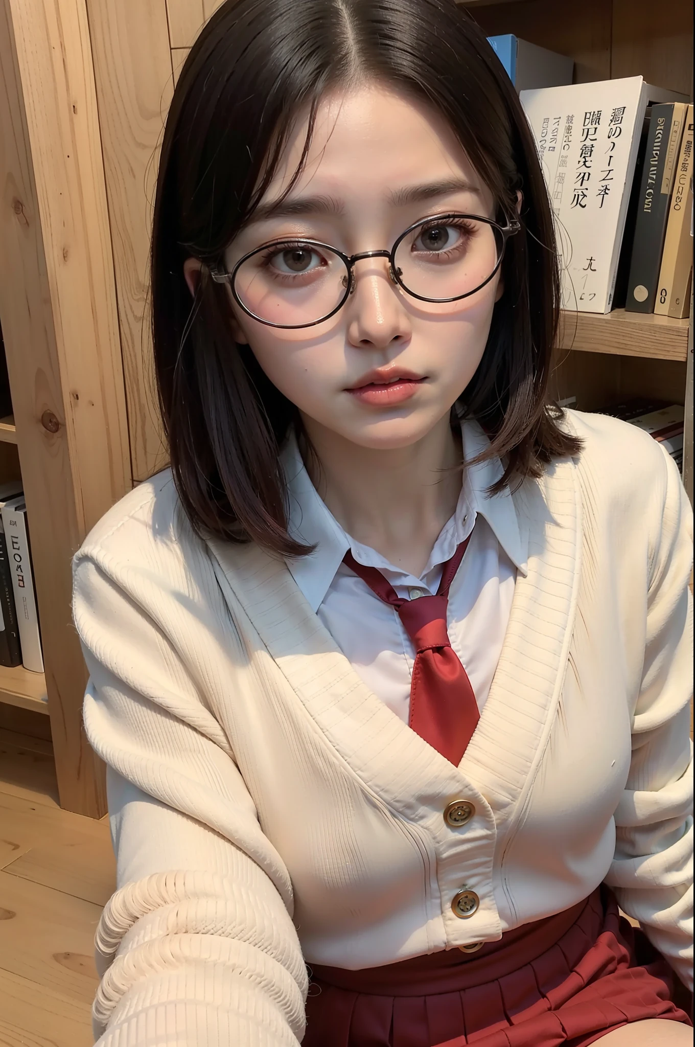 Photo Real、photoRealstic Dark hair、Short hair、bangss drooing eyes、with round face、The contours of the face are round、Plump cheeks、small mouth eye glasses、Round glasses、Big glasses、Black-rimmed glasses、校服、White shirt、Red tie、Beige cardigan、Red skirt hi-school girl、sixteen years old、japanes、Soft thighs Faces close、Face Close-up、Staring at this、open hand、Boldly rubbing your chest、Leaning against the bookshelf、Blushing Background with、bookcase、Timber wall、wood floor、Dark place