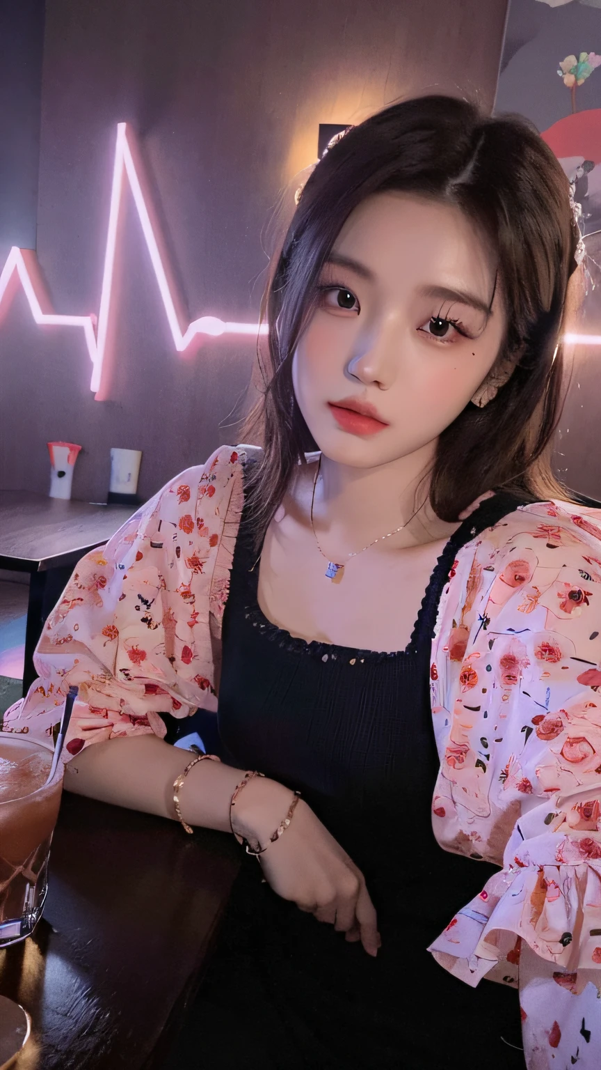 there is a woman sitting at a table with a drink, Profile image, xintong chen, Middle metaverse, xision wu, Cai Xukun, personal profile picture, ulzzangs, wenfei ye, Yoshitomo Nara, chiho, sakimichan, Lovely woman, sun yunjoo, chengyou liu
