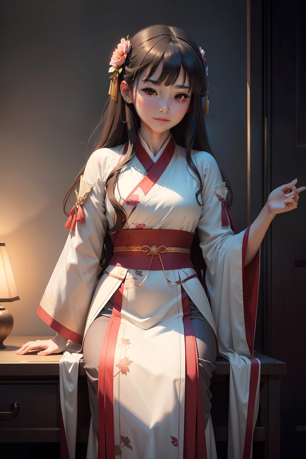 Movie Angle，（Cute girls，??????? correct，full bodyesbian，Masterpiece camellia，Masterpiece Hanfu，ssmile），（illustratio，paper art，3Drenderingof），（plethora of colors，Best quality，high detal，tmasterpiece，Cinematic lighting effects，4K，Chiaroscuro）
