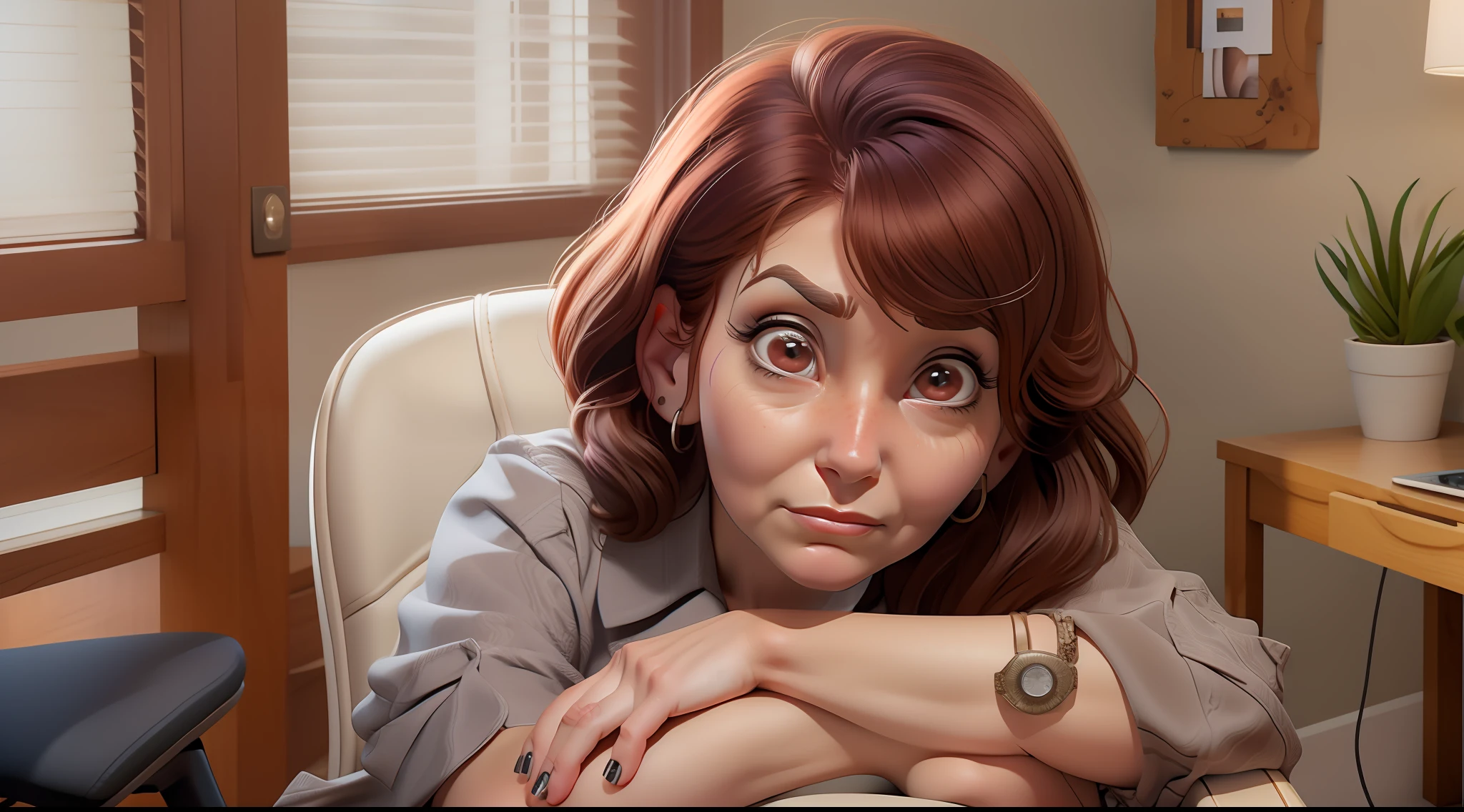Image of Kari Byron, 60 years old, with nasolabial folds on her face:1.4), (wrinkled skin, frown lines around eyes and forehead, sad look,) tired look, realistic skin, dark circles under eyes, Face with wrinkle line frowning, wearing a red dress shirt, black pants, sitting on a chair, scenario: office room, natural light, day, frontal image