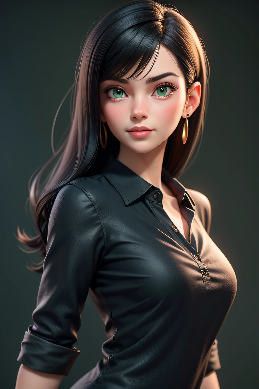 best quality, ..3D rendering work, ..3DMM style, Close-up, portrait, ....3d, 1girl, Only, black hair, teardrop earrings, looking at camera, front, realistic, upper body , MAKING POSES, simple background, bangs, Looking away, long straight black hair, parted lips, Choker, makeup , Squishy, green polo shirt, green eyes, Tifa Lockhart, (small breasts: 1.1) REFERENCE: https://image9.cdn.seaart.ai/2023-08-04/52449297297477/c9e0706cffa353936c45f41fef45e6c4f2a12e7c.png