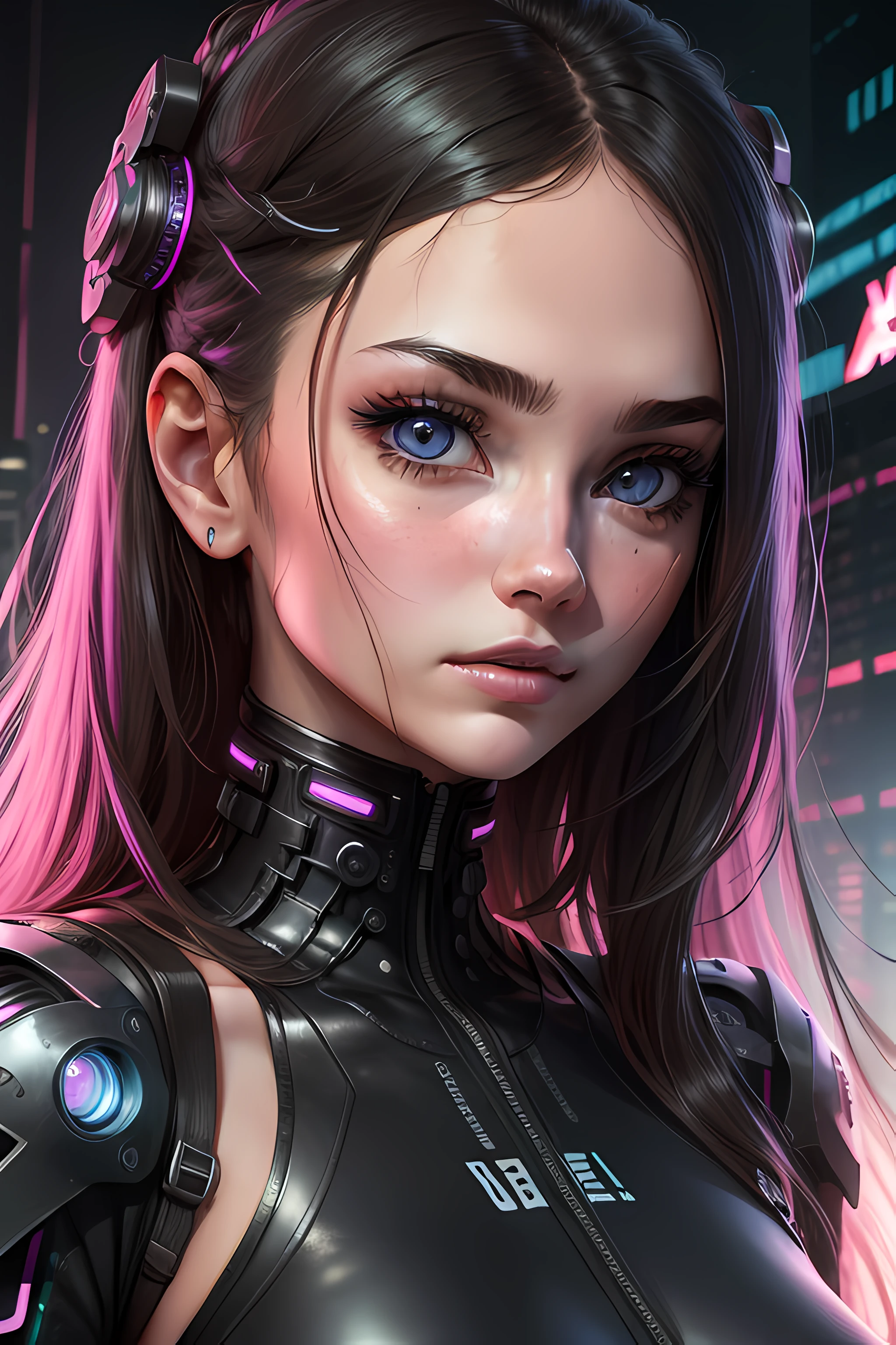 1girl, extremely+beautiful+detailed_face, extremely+beautiful+detailed_eyes, upper body, close-up, cyberpunk background, sketch, flat color,