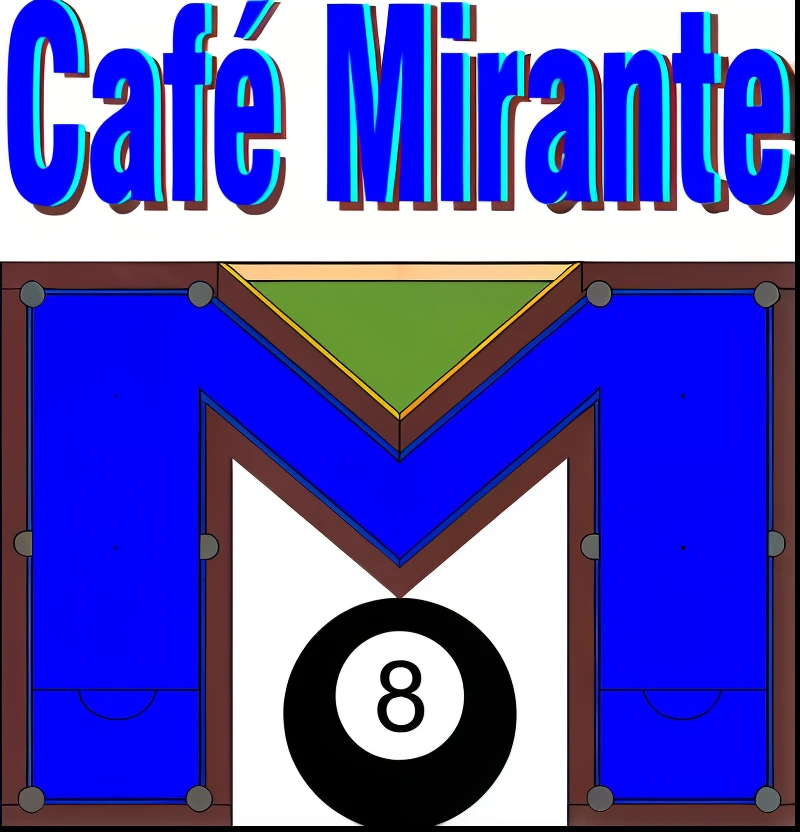 An image of a billiard ball and billiard racket with the words Café Nirante, daniel mirante, coffee shop, Alex Miranda, mario martinez, coffee for rats, imagem central, intrigante, Caffee Diner, Futuro Miramar, Blanca Alvarez, Porrete, 2 5 6 x 2 5 6 pixels, Criado no Adobe Illustrator, arte do logotipo, Morgana, miragem