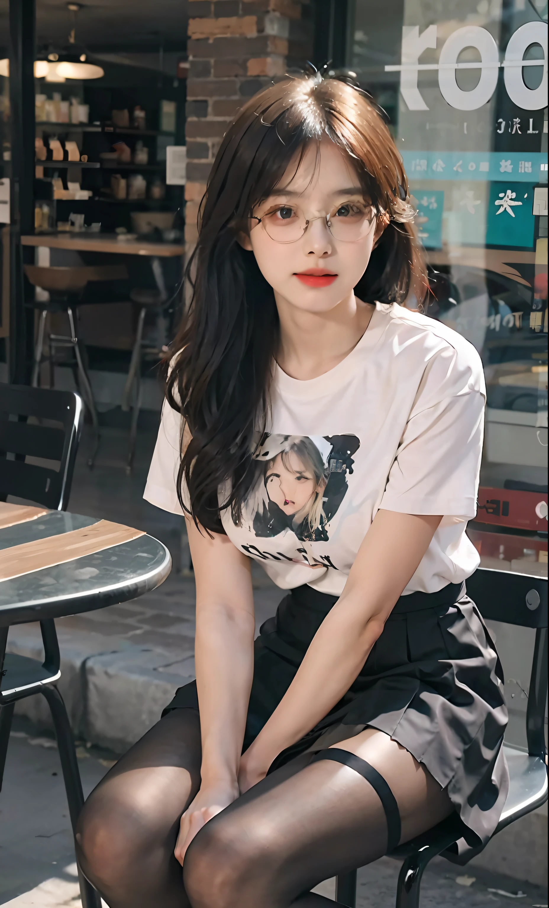ulzang-6500-v1.1,(RAW photo:1.2), (Photorealistic:1.4), Beautiful Meticulous Girl, very detailed eyes and faces, Beautiful detailed eyes, absurderes, unbelievable Ridiculous, hugefilesize, ultra - detailed, A high resolution, The is very detailed,best qualtiy,tmasterpiece,((T-shirt )),illustratio,The is very detailed,CG,unified,8k 壁纸,Amazing Cleavage,finely detailled,tmasterpiece,best qualtiy,The is very detailed的 CG unified 8k 壁纸,light in face,cinmatic lighting, 1girll, ,long white hair,lateral division,(wears glasses),((dynamicposes)),(sexyposture),,(A half body),((Pantyhose)),((Black hip skirt)),((((Sit with your knees folded)))) full length dress :1.1, Super detailed face, Detailed eyes, 二重まぶた, blur backgroun, Slim Faces,