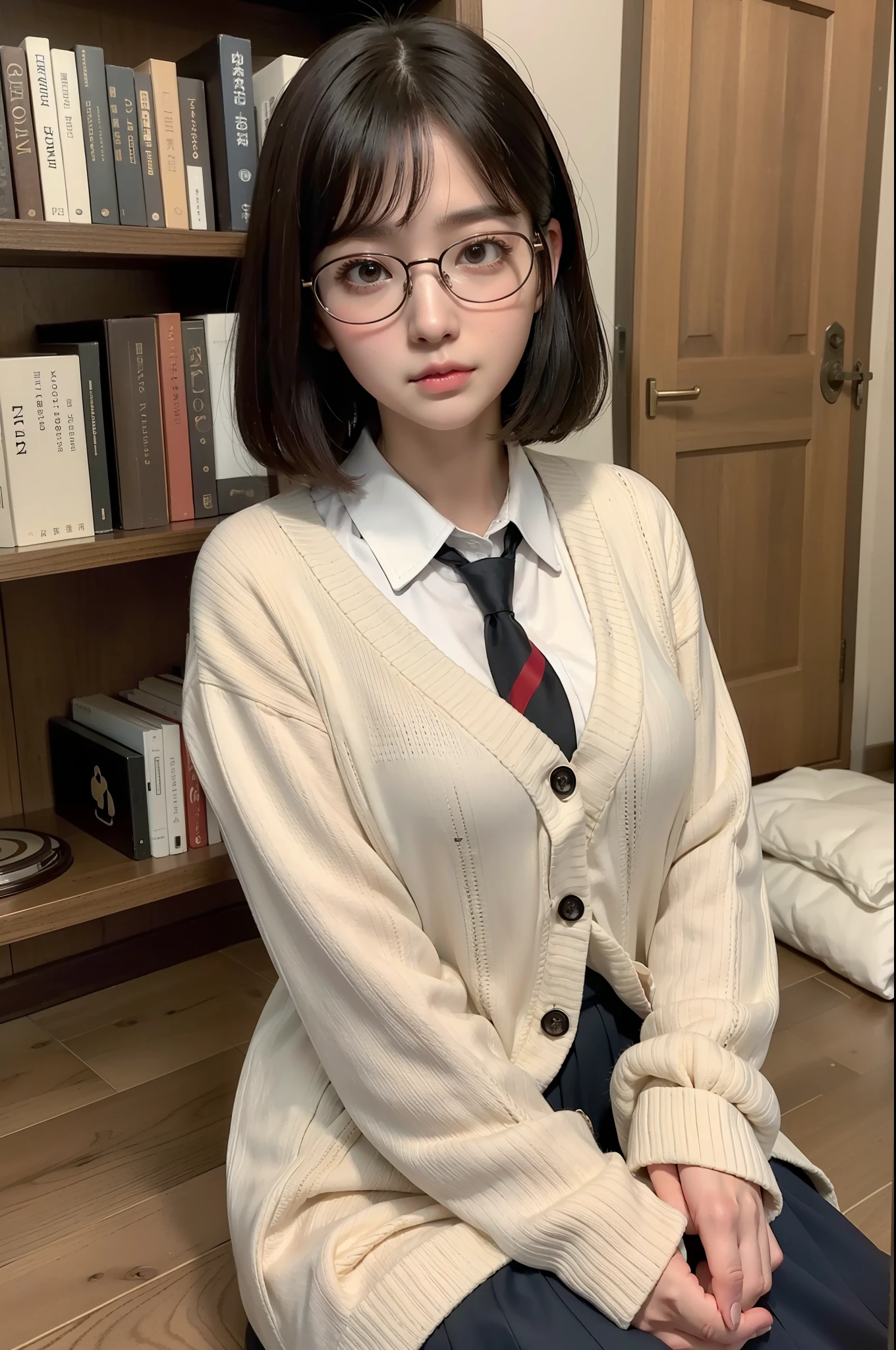 Photo Real、photoRealstic Dark hair、Short hair、bangss drooing eyes、with round face、The contours of the face are round、Plump cheeks、small mouth eye glasses、Round glasses、Big glasses、Black-rimmed glasses、校服、White shirt、Red tie、Beige cardigan、Red skirt hi-school girl、sixteen years old、japanes、Soft thighs Faces close、Face Close-up、Staring at this、open hand、Boldly rubbing your chest、Leaning against the bookshelf、Blushing Background with、bookcase、Timber wall、wood floor、Dark place