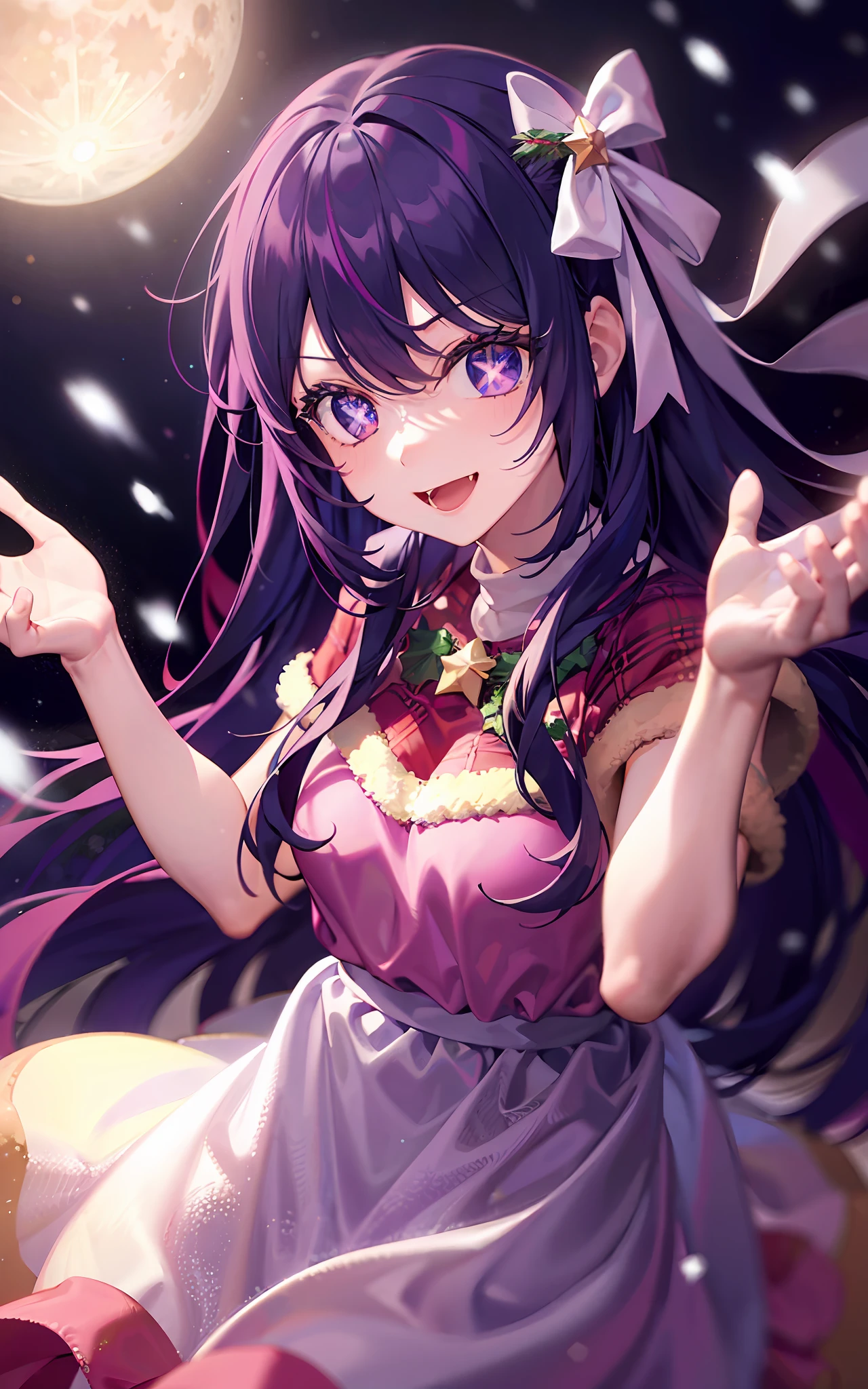 1girll,((There is a five-pointed star in the eye))Gorgeous Hair in Long Purple,Smile,Open mouth,Christmas dress,natta,themoon,snowfield,