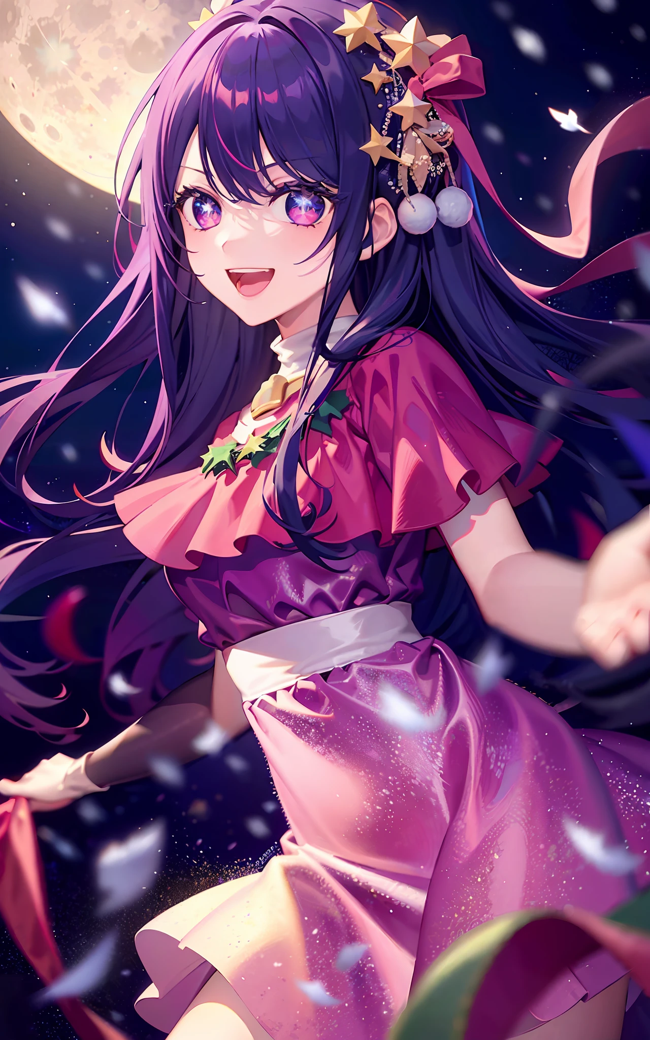 1girll,((There is a five-pointed star in the eye))Gorgeous Hair in Long Purple,Smile,Open mouth,Christmas dress,natta,themoon,snowfield,