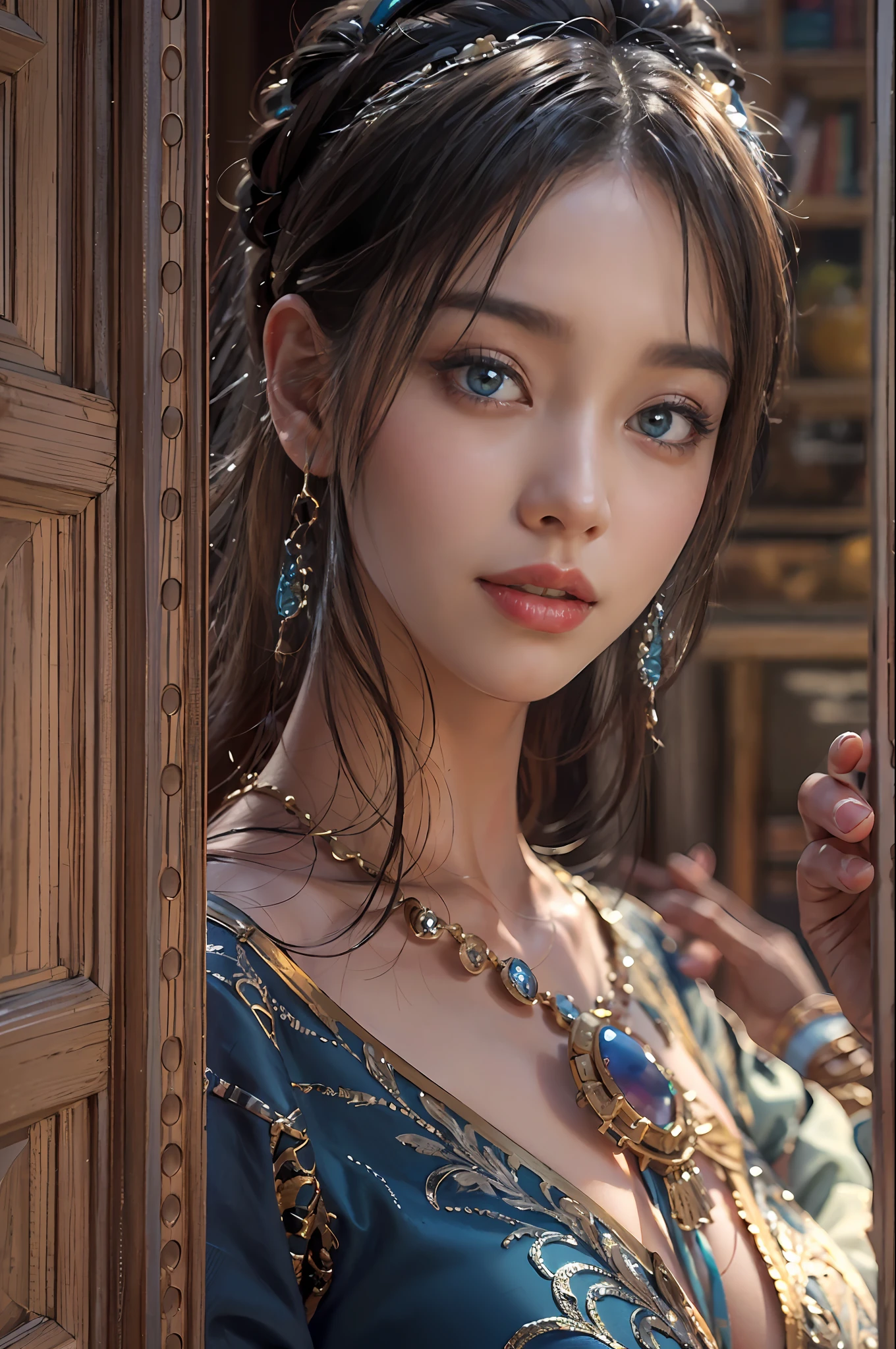 (Masterpiece), (Best quality), (Ultra-detailed), (Masterpiece), (Best quality), (The best fingers)(Ultra-detailed), An oriental-looking young woman poses for a photo at an art gallery by the window Blue eyes, A girl, Indoors, Long hair, jewelry, shining body ,Smile, Black hair, view the viewer, Earrings, bangs, wooden floor, Large breasts. ((Photorealistic)), ((Fantastic background)), Ultra-realistic, Ultra-detailed, Ultra HD plus 16K resolution ((Masterpiece)), ((Highest quality 16k)), ((detailed and delicate)), ((Photorealistic)), ((Fantastic background)), Ultra-realistic, Ultra-detailed, Ultra HD plus 16K resolution, Award-Won