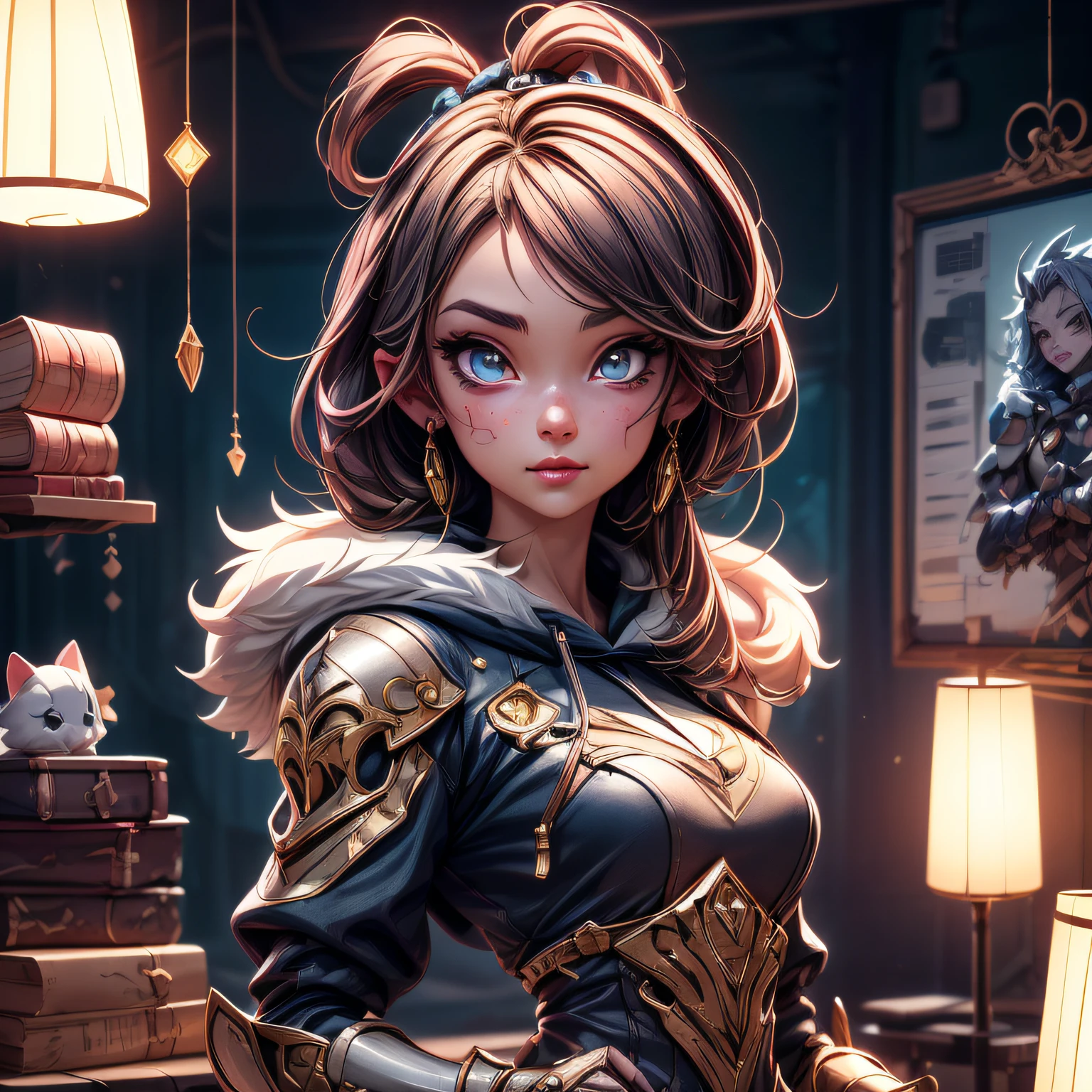 anime 1 girl in her room, best quality digital illustration by wlop and artgerm, gorgeous lighting, detailed anime art, high quality, sharp focus, beautiful scene, detailed fur, detailed fur face with a black hoodie, detailed armor, portrait, detailed clothes, detailed background, artstation, realistic, expressive face, detailed hands, detailed eyes, artstation