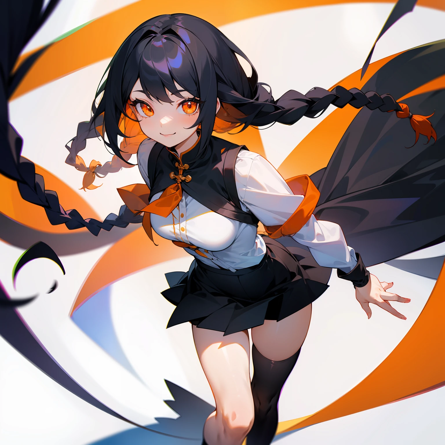 A black emanation,The girl with orange eyes came over,Smiled and said hello,She wears a white shirt and a short black skirt,Black over-the-knee stockings,Two twisted braids fall from the chest。
