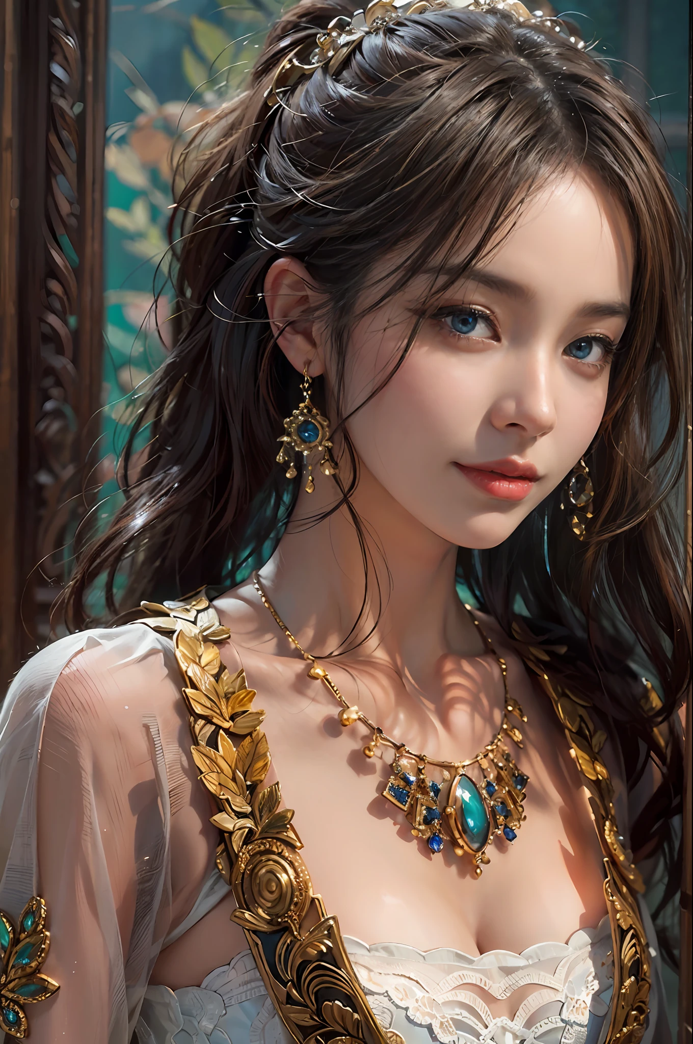 （Masterpiece), (Best quality), (Ultra-detailed), （Masterpiece), (Best quality), (The best fingers)(Ultra-detailed), An oriental-looking young woman poses for a photo at an art gallery by the window Blue eyes, A girl, Indoors, Long hair, jewelry, shining body ，Smile, Black hair, view the viewer, Earrings, bangs, wooden floor, Large breasts. ((Photorealistic)), ((Fantastic background)), Ultra-realistic, Ultra-detailed, Ultra HD plus 16K resolution ((Masterpiece)), ((Highest quality 16k)), ((detailed and delicate)), ((Photorealistic)), ((Fantastic background)), Ultra-realistic, Ultra-detailed, Ultra HD plus 16K resolution, Award-Won