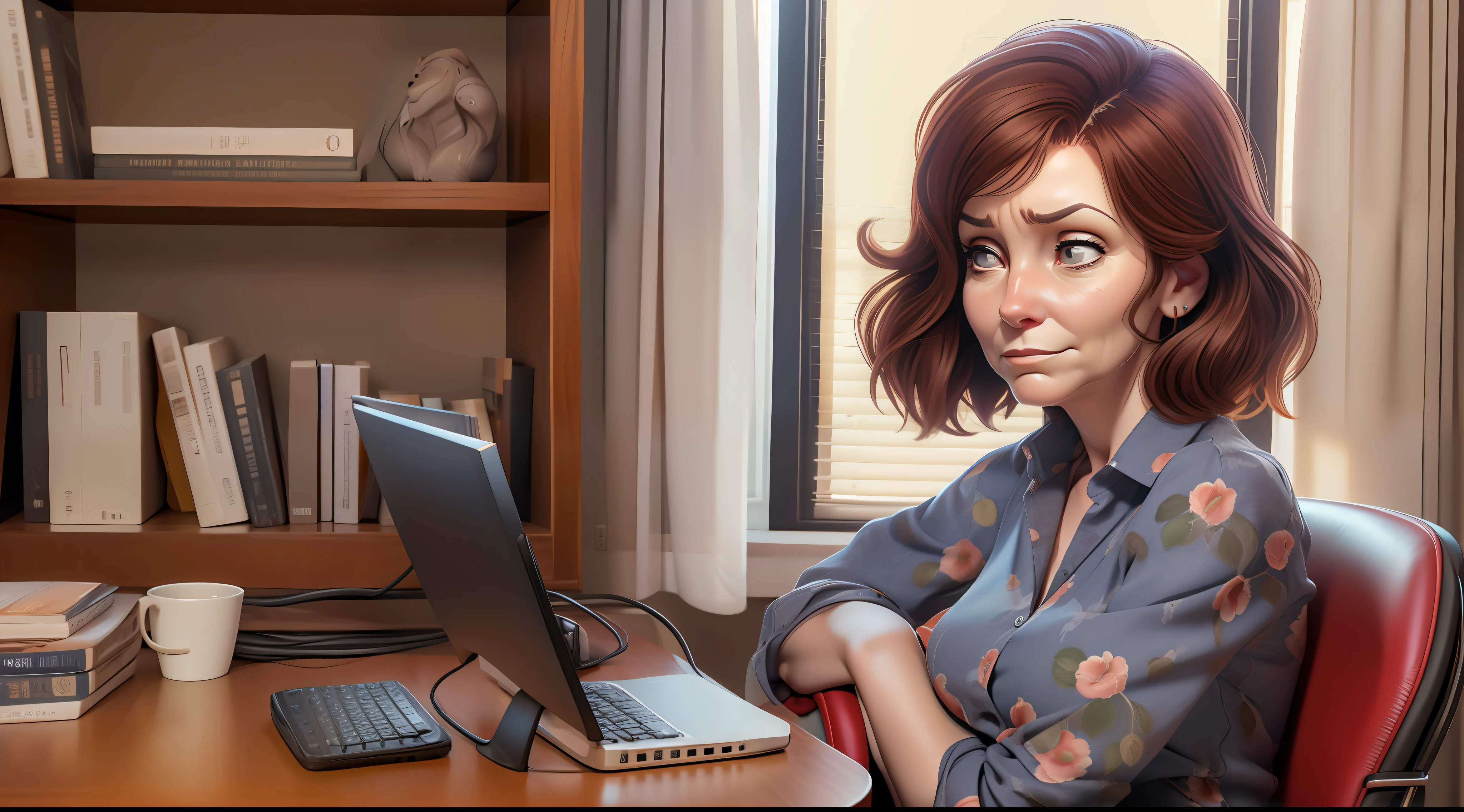 Image of Kari Byron, 60 years old, with nasolabial folds on her face:1.4), (wrinkled skin, frown lines around eyes and forehead, sad look,) tired look, realistic skin, dark circles under eyes, Face with wrinkle line frowning, wearing a red dress shirt, black pants, sitting on a chair, scenario: office room, natural light, day, frontal image