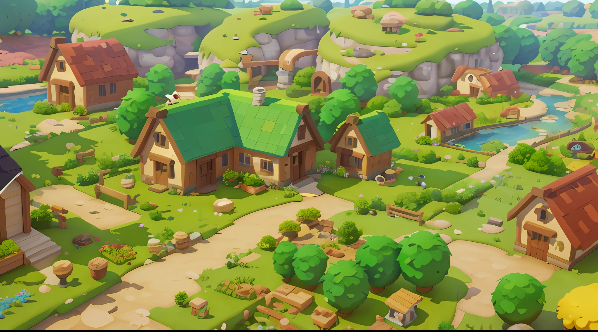 Game architecture design，Cartoony，Large farm，steins，Pool，grassy，farm house，verdure，Small rivers，borgar，the trees，Critters， casual game style， 3D， tmasterpiece， super detailing，Best quality at best