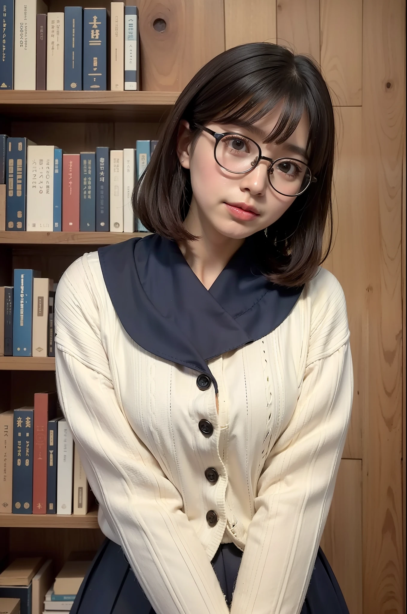 Photo Real、photoRealstic Dark hair、Short hair、bangss drooing eyes、with round face、The contours of the face are round、Plump cheeks、small mouth eye glasses、Round glasses、Big glasses、Black-rimmed glasses、校服、Navy blue sailor suit、Beige cardigan、Red skirt hi-school girl、sixteen years old、japanes、Soft thighs Faces close、Face Close-up、Staring at this、Boldly rubbing your chest、Leaning against the bookshelf、Blushing Background with、bookcase、Timber wall、wood floor、Dark place