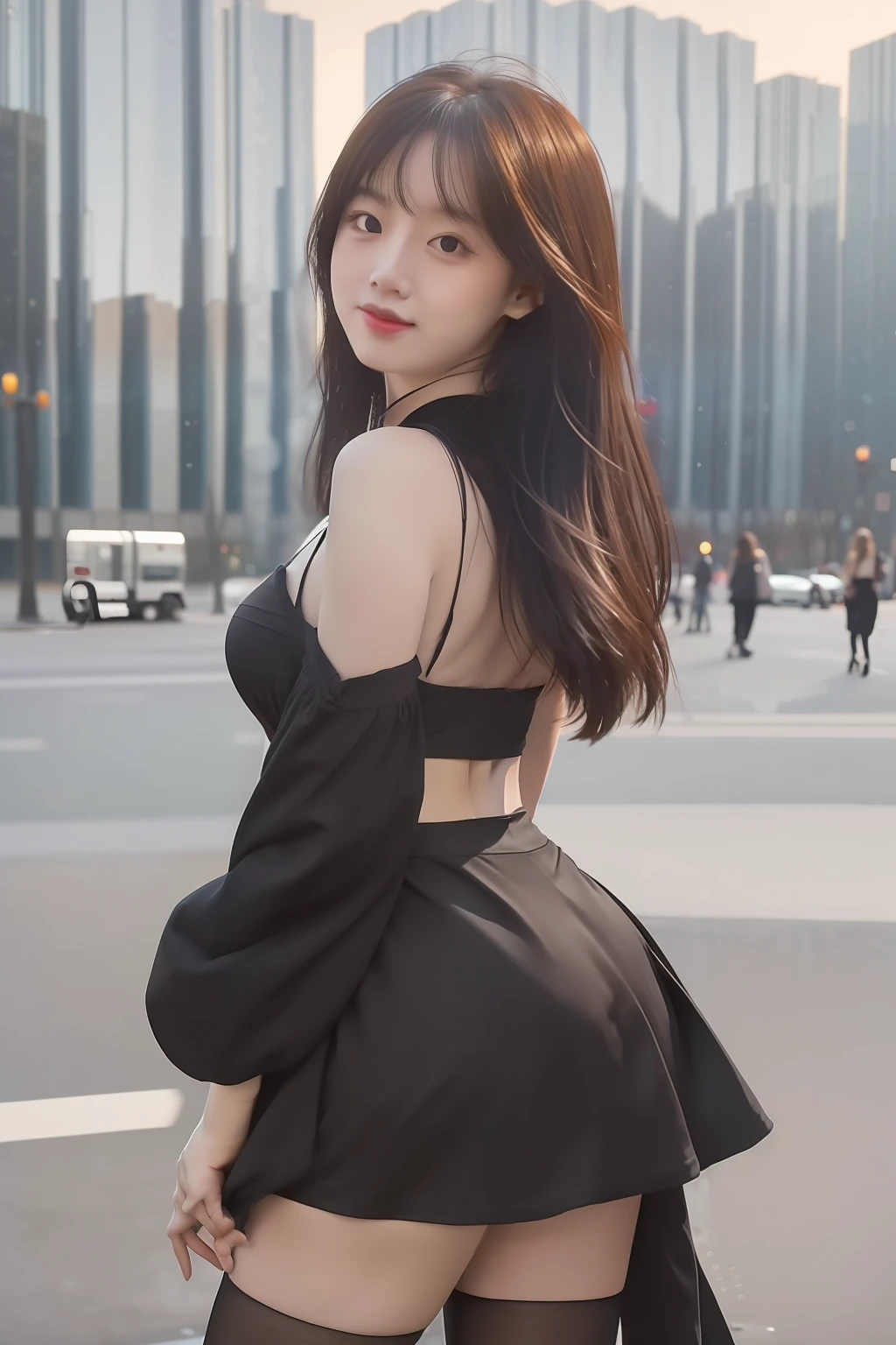 (8k, RAW photo, best quality, master:1.4), ultra high res, (realistic, photo-realistic:1.48),omertosa,1girl,(Kpop idol), (aegyo sal:1), cute, (super bokeh night Downtown: 1.25), Bokeh, Night, Traffic Lights, Road Signs, Rain, After Rain, Humidity, Professional Lighting, Detail Lighting, Photon Mapping, Radiosity, Physically Based Rendering, Black Pantyhose Bloom, Backlighting, Depth of Field , natural lighting, hard focus, film grain, one meter shooting distance, professional shot, shot with Sony a9 II mirrorless camera, detailed eyes, realistic eyes, detailed shadows, looking at viewer, dog ears, detailed lighting, skirt, black dress, long legs, black stockings, (detailed hair, realistic hair, realistic lighting, realistic shadows, realistic clothing), realistic skin, (gun on waist: 1), from above Realistic light reflections, ((back of arms)), (back of hands), tube top, sexy
