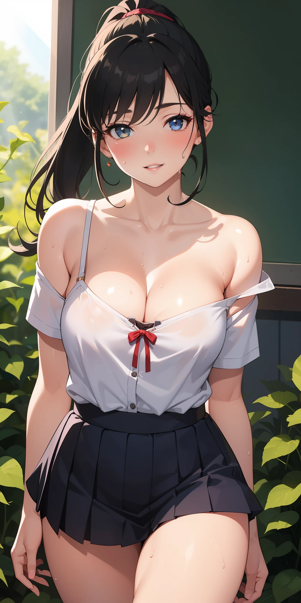realistic, 1girl, ponytail, parted lips, blush, makeup, light smile, black hair, school uniform, glow, thighs, beautiful eye, bare shoulders, collarbone, narrow waist, sunbeam, sunlight, rose, wind, cleavage, (masterpiece), sweat,