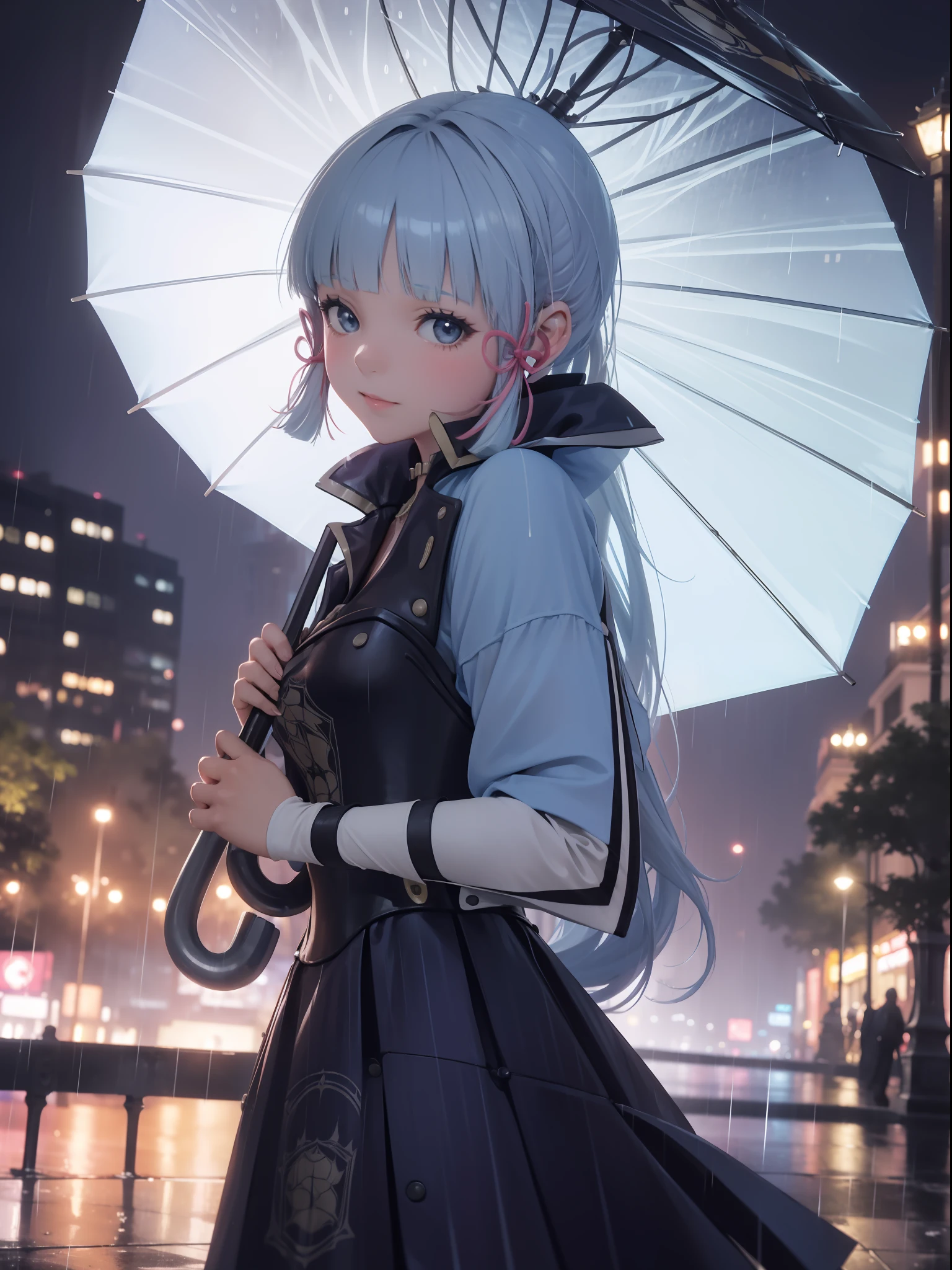 "(Close-up of a beautiful girl with an umbrella in a city at night in the rain)"
