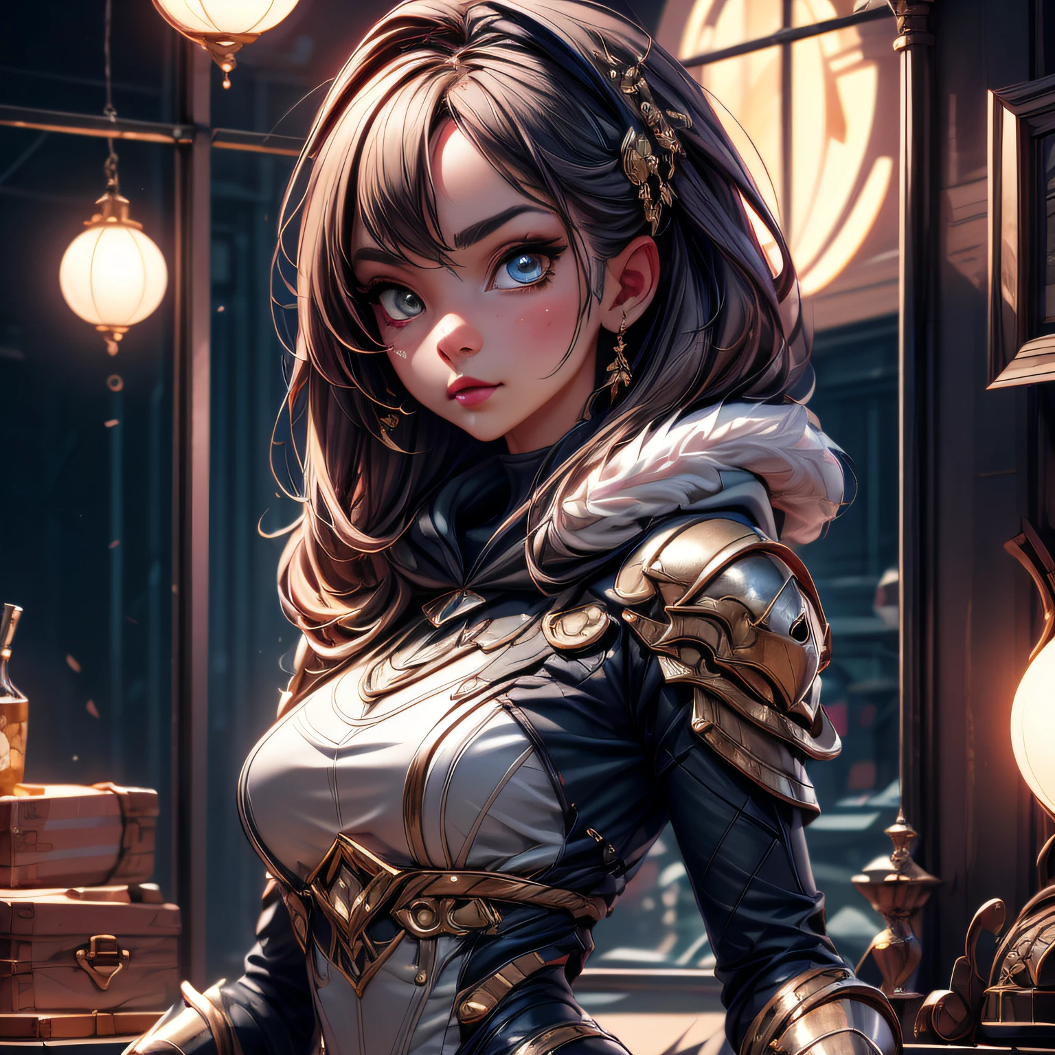 anime 1girl in her room, best quality digital illustration by wlop and artgerm, gorgeous lighting, detailed anime art, high quality, sharp focus, beautiful scene, detailed fur, detailed fur face with a black hoodie, detailed armor, portrait, detailed clothes, detailed background, artstation, realistic, expressive face, detailed hands, detailed eyes, artstation, insanely detailed, wallpaper, 8k, masterpiece