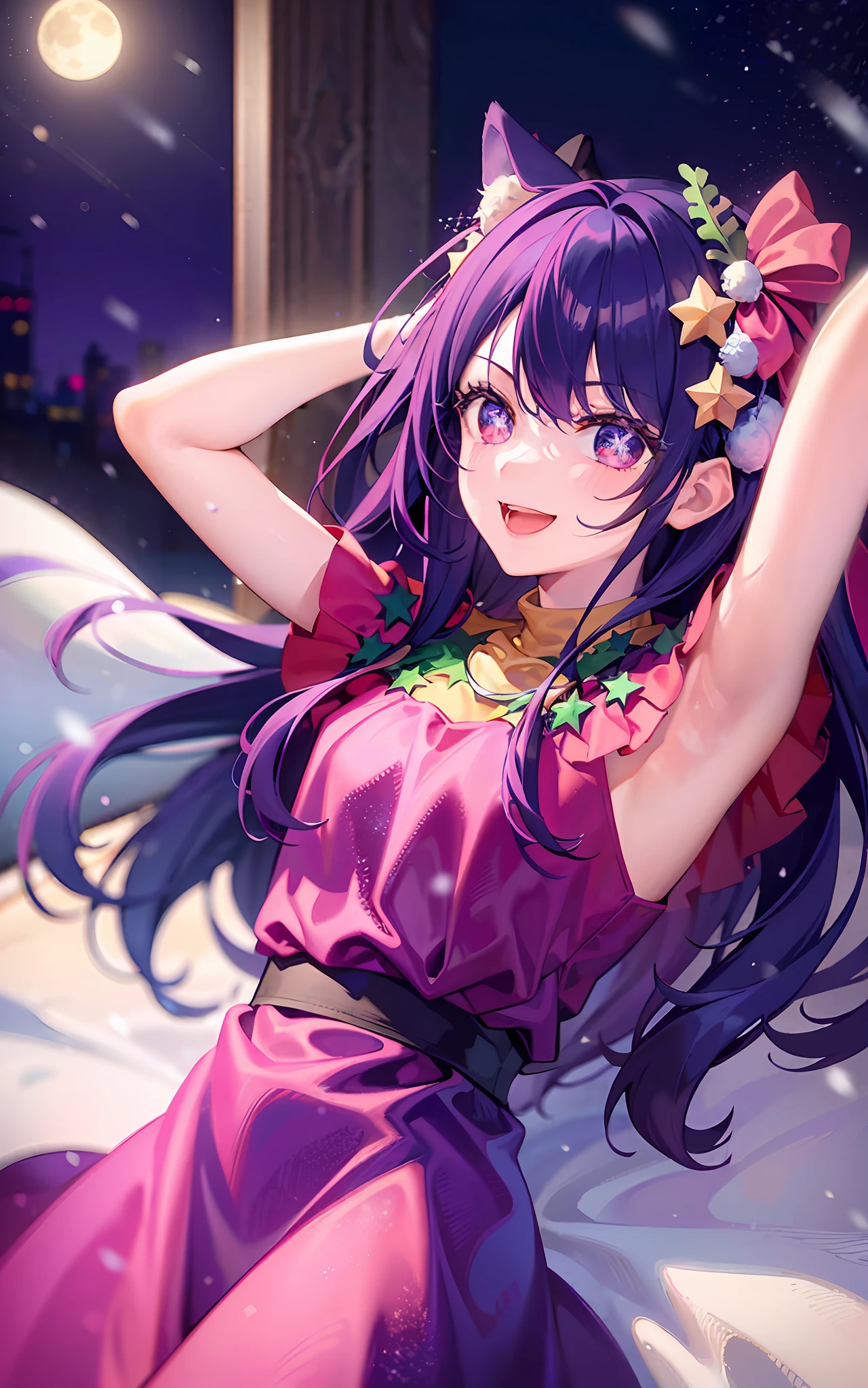1girll,((There is a five-pointed star in the eye))Gorgeous Hair in Long Purple,Smile,Open mouth,Christmas dress,natta,themoon,snowfield
