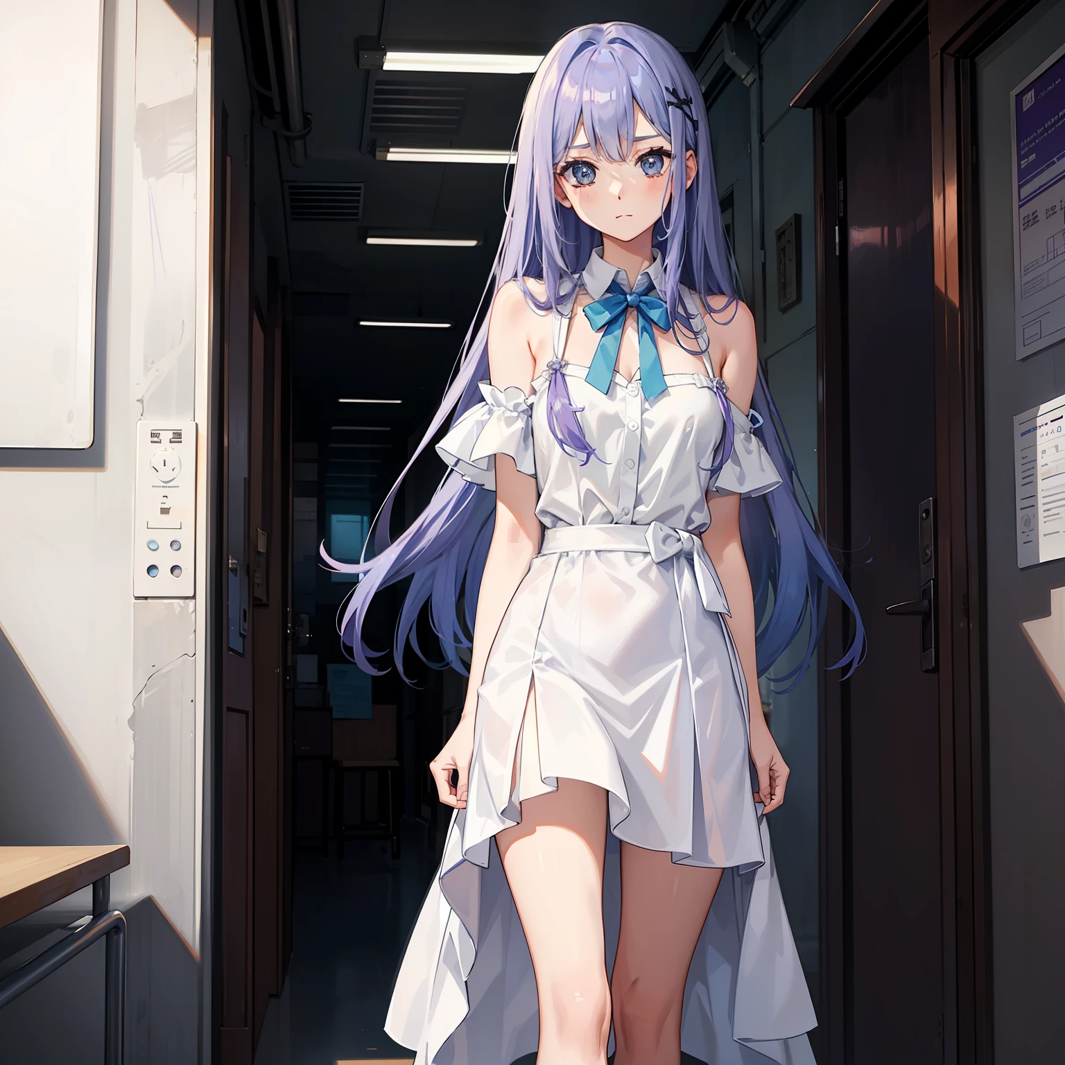 A long blue-purple hair,blue color eyes,in a white shirt,The girl in the blue slip dress scratched her head a little confused。,,In the hallways of the school