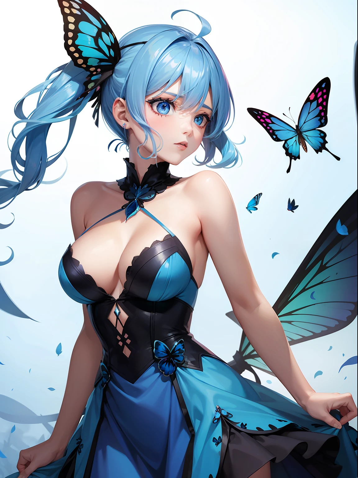 a women, blue butterfly, blue hair, pink eyes, blue dress