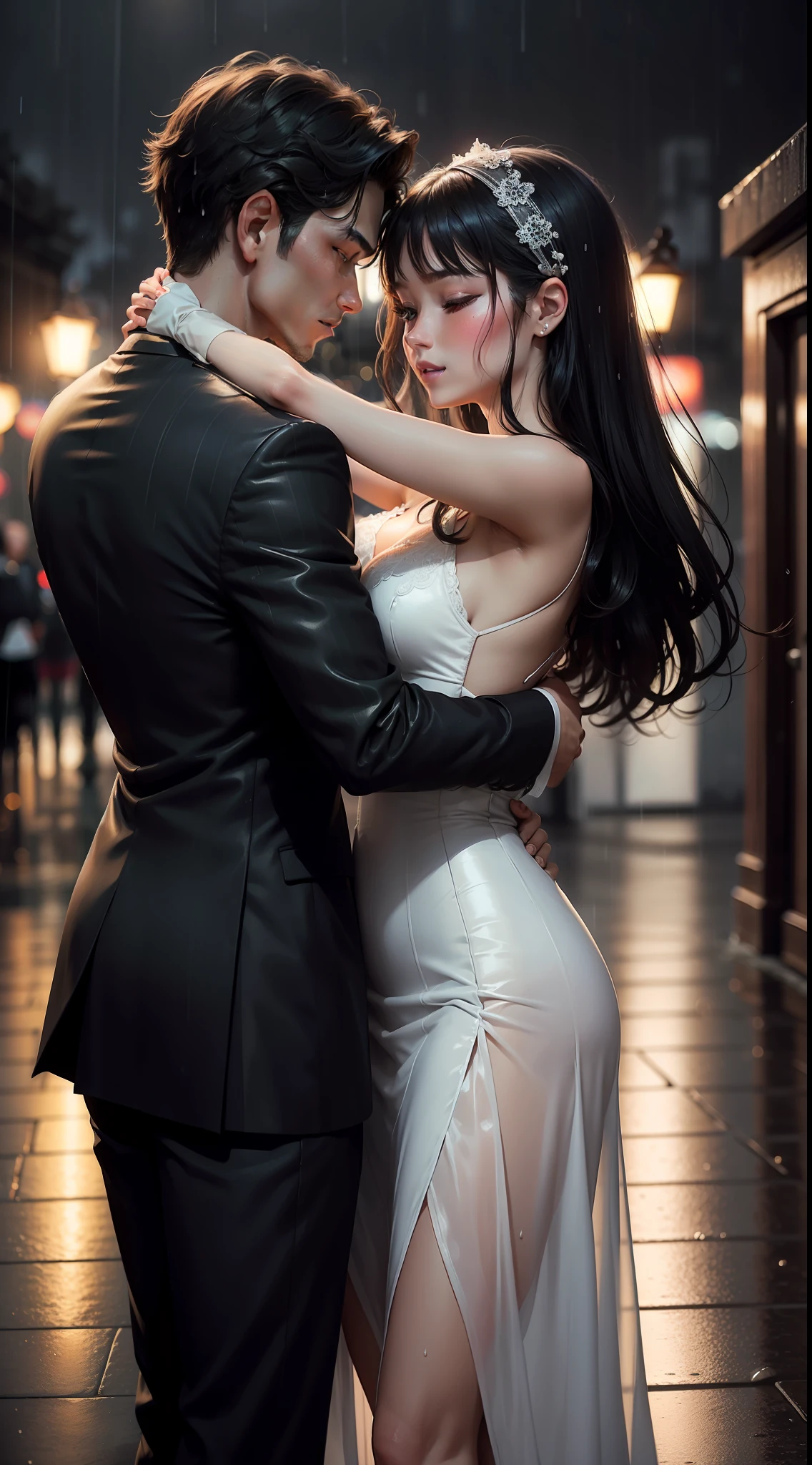 In a romantic moment, the couple dances in the rain, a girl in a long sleeveless dress, a young man in a black and white suit, the night rain gently wet them.
