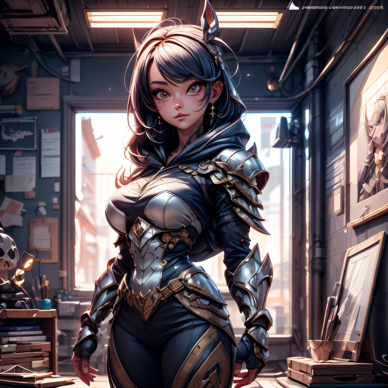 anime 1girl in her room, best quality digital illustration by wlop and artgerm, gorgeous lighting, detailed anime art, high quality, sharp focus, beautiful scene, detailed fur, detailed fur face with a black hoodie, detailed armor, portrait, detailed clothes, detailed background, artstation, realistic, expressive face, detailed hands, detailed eyes, artstation, insanely detailed, wallpaper, 8k, masterpiece