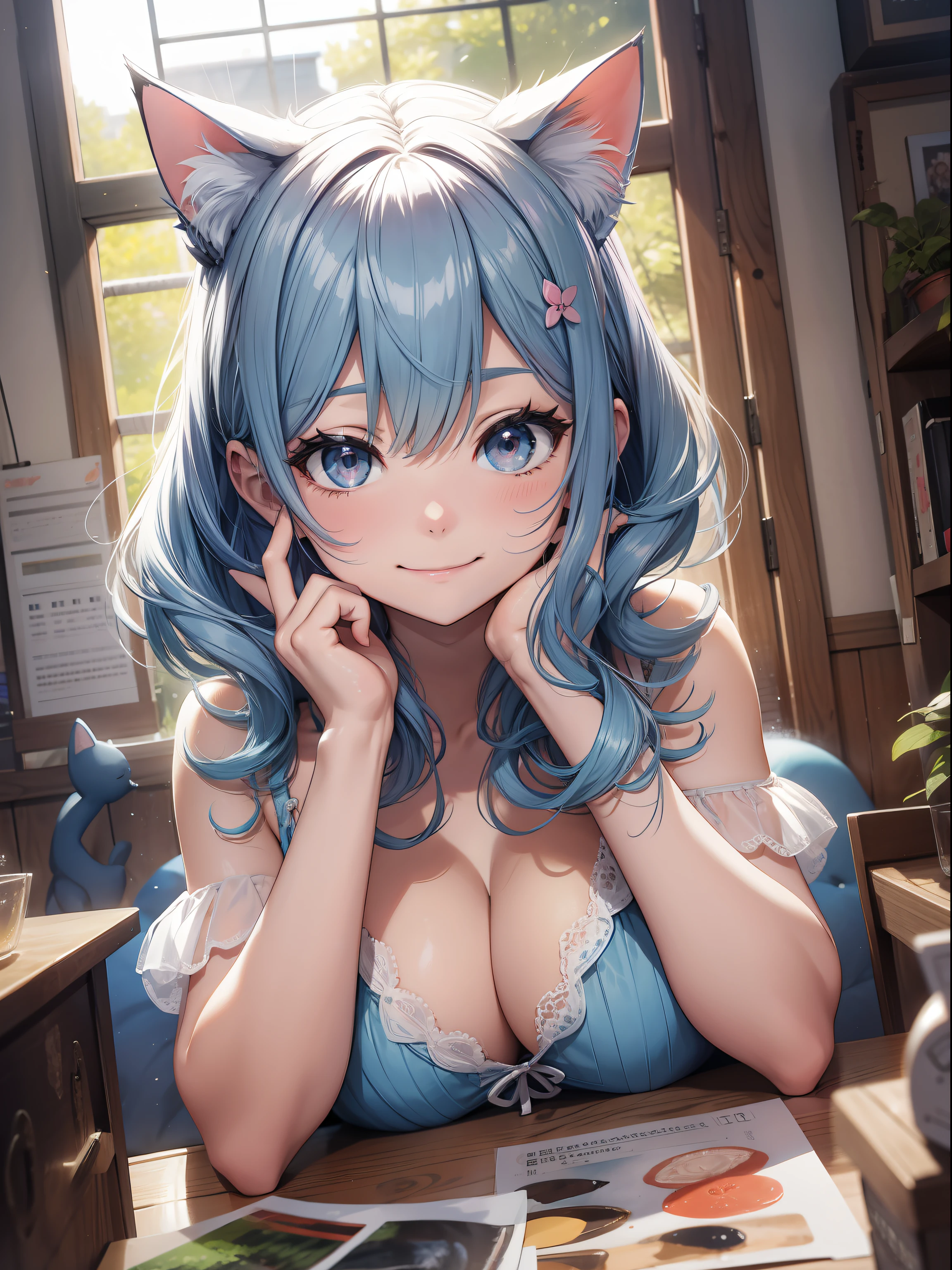 absurderes、ultra-detailliert、masterpiece、top-quality、BREAK、Official art、(Beautifully Aesthetic:1.2)、(watercolor paiting:Curly)、BREAK、Devilish Pretty Girl 1.2、a beauty girl、(kawaii:⒈3)、、BREAK、Colorful hair、(Mixed blue and pink hair:1.2)、(フラクタルアート1.3)、BREAK、Cat's ears、A sexy、(4 finger,Thumb,Carefully written hands and fingers)、BREAK、humanoide、BREAK、a white bikini、BREAK、Red-eyed、BREAK、From Side、Look at viewers、BREAK、In a cute room、BREAK、plushies、Shyness、red blush、Happy smiling face、BREAK、Showa gravure、BREAK、all-fours、BREAK、