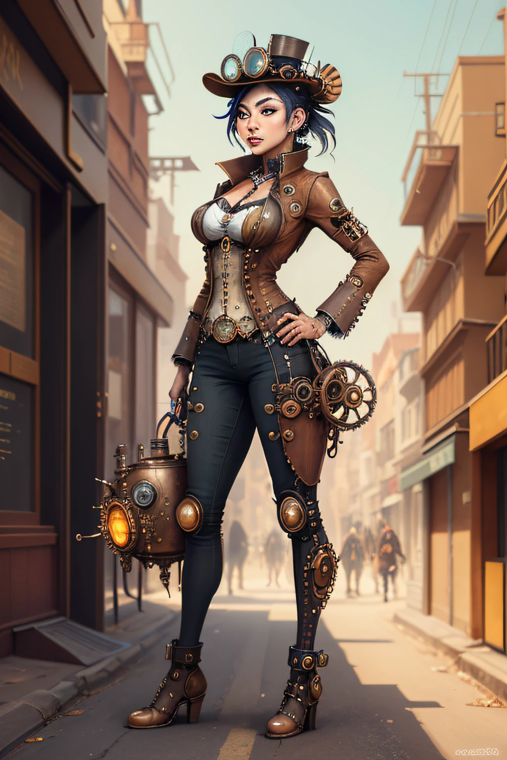steampunkai, full body of a steampunk asian woman francescacapaldi wearing a futuristic comfortable fashionable urban clothing